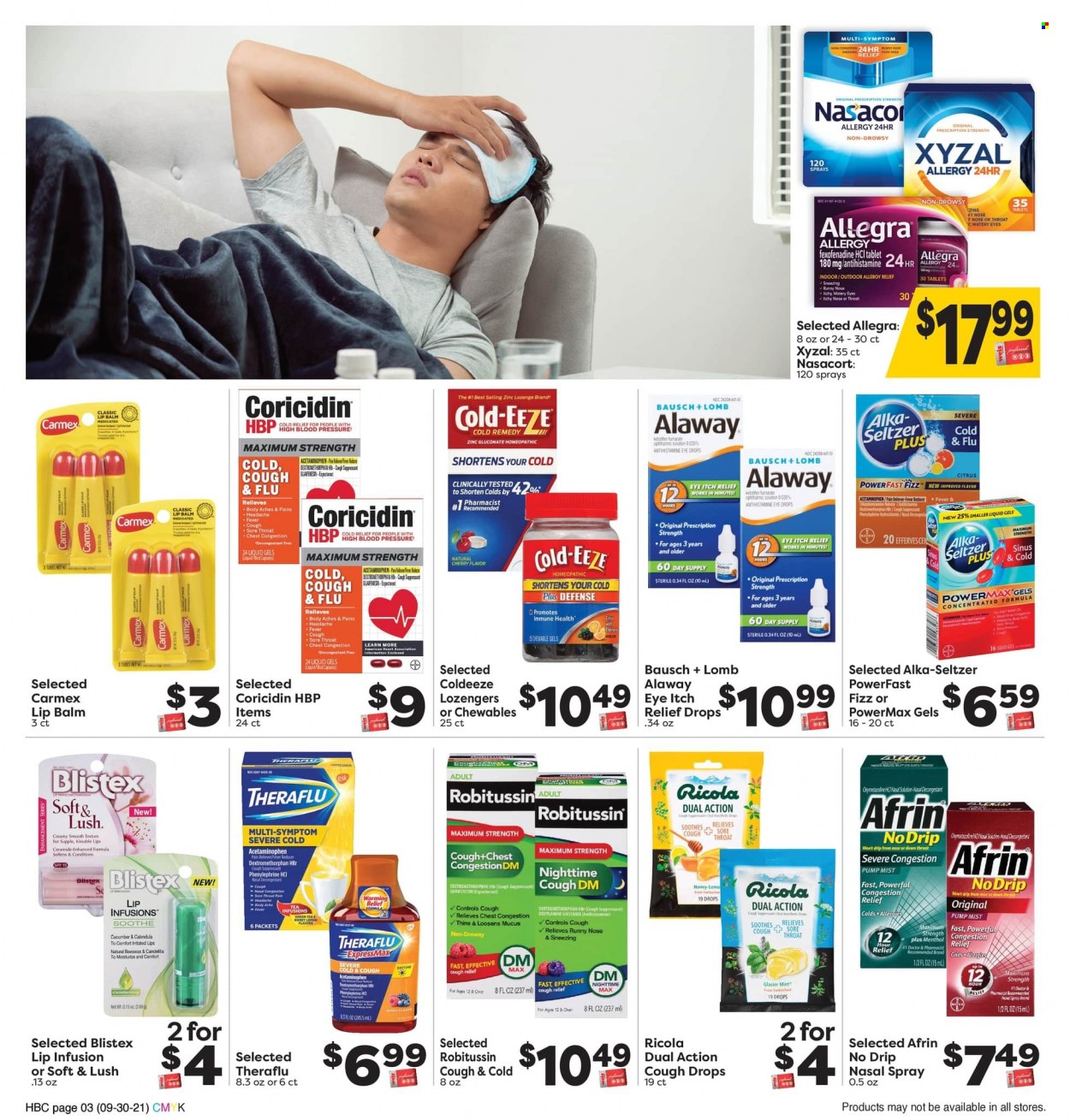 thumbnail - Weis Flyer - 09/30/2021 - 11/04/2021 - Sales products - cherries, ricola, Thins, honey, green tea, tea, lip balm, cup, Afrin, Coricidin, Cold & Flu, Robitussin, Theraflu, eye drops, zinc, Alka-seltzer, cough drops, Cold-EEZE, nasal spray, allergy relief. Page 3.