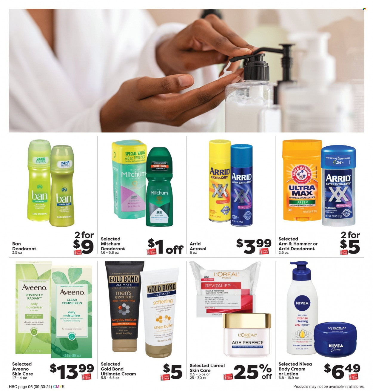 thumbnail - Weis Flyer - 09/30/2021 - 11/04/2021 - Sales products - ARM & HAMMER, Aveeno, Nivea, towelette, cleanser, L’Oréal, moisturizer, serum, body lotion, shea butter, anti-perspirant, roll-on, deodorant. Page 6.