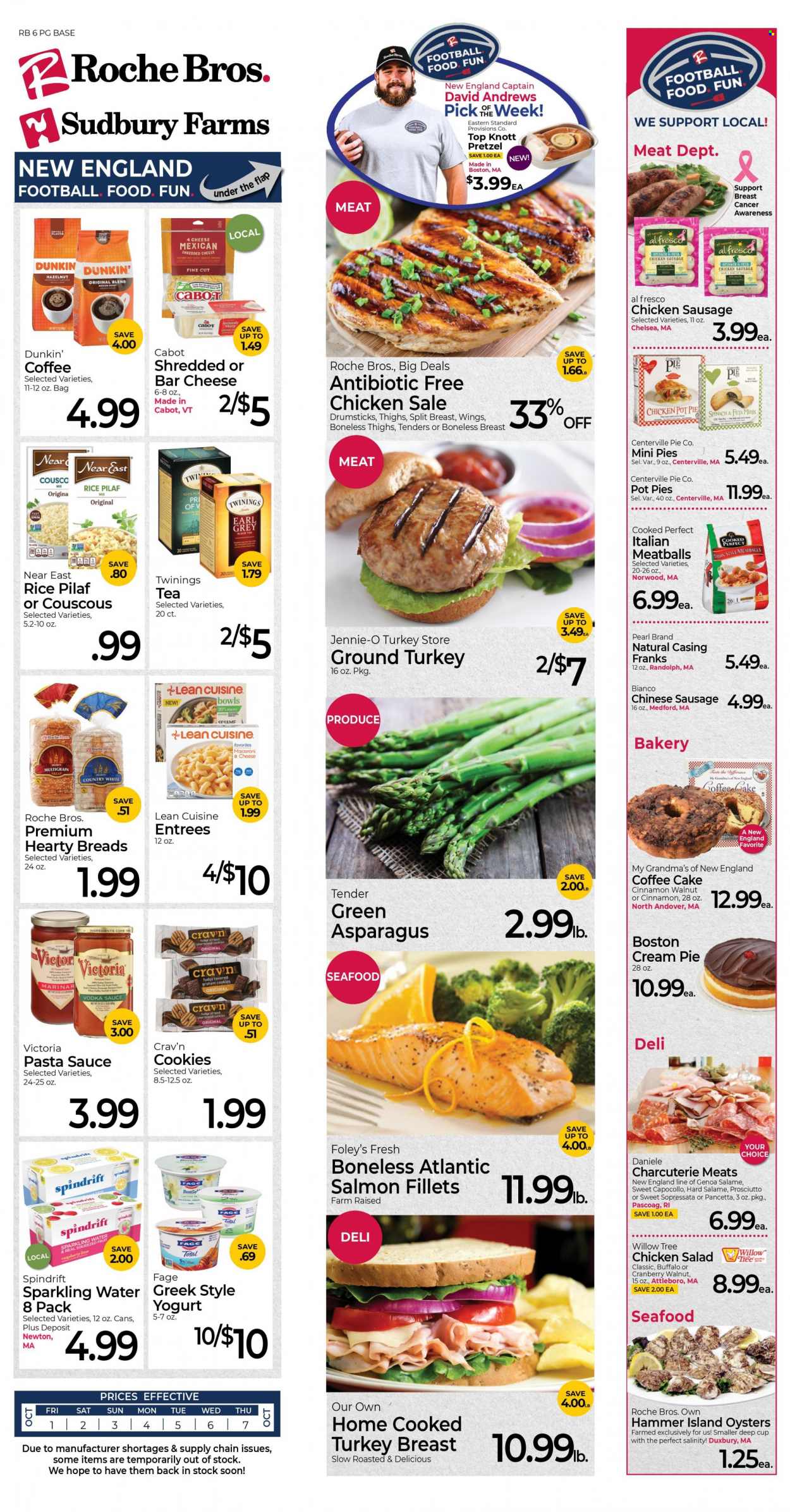 thumbnail - Roche Bros. Flyer - 10/01/2021 - 10/07/2021 - Sales products - bread, pretzels, pie, pot pie, cream pie, coffee cake, asparagus, salad, fish fillets, salmon, salmon fillet, oysters, pasta sauce, meatballs, sauce, Lean Cuisine, ready meal, salami, prosciutto, pancetta, capocollo, charcuterie, chicken sausage, frankfurters, chicken salad, meat salad, shredded cheese, yoghurt, cookies, bars, couscous, rice, Spindrift, sparkling water, water, tea, Twinings, ground turkey, Victor. Page 1.