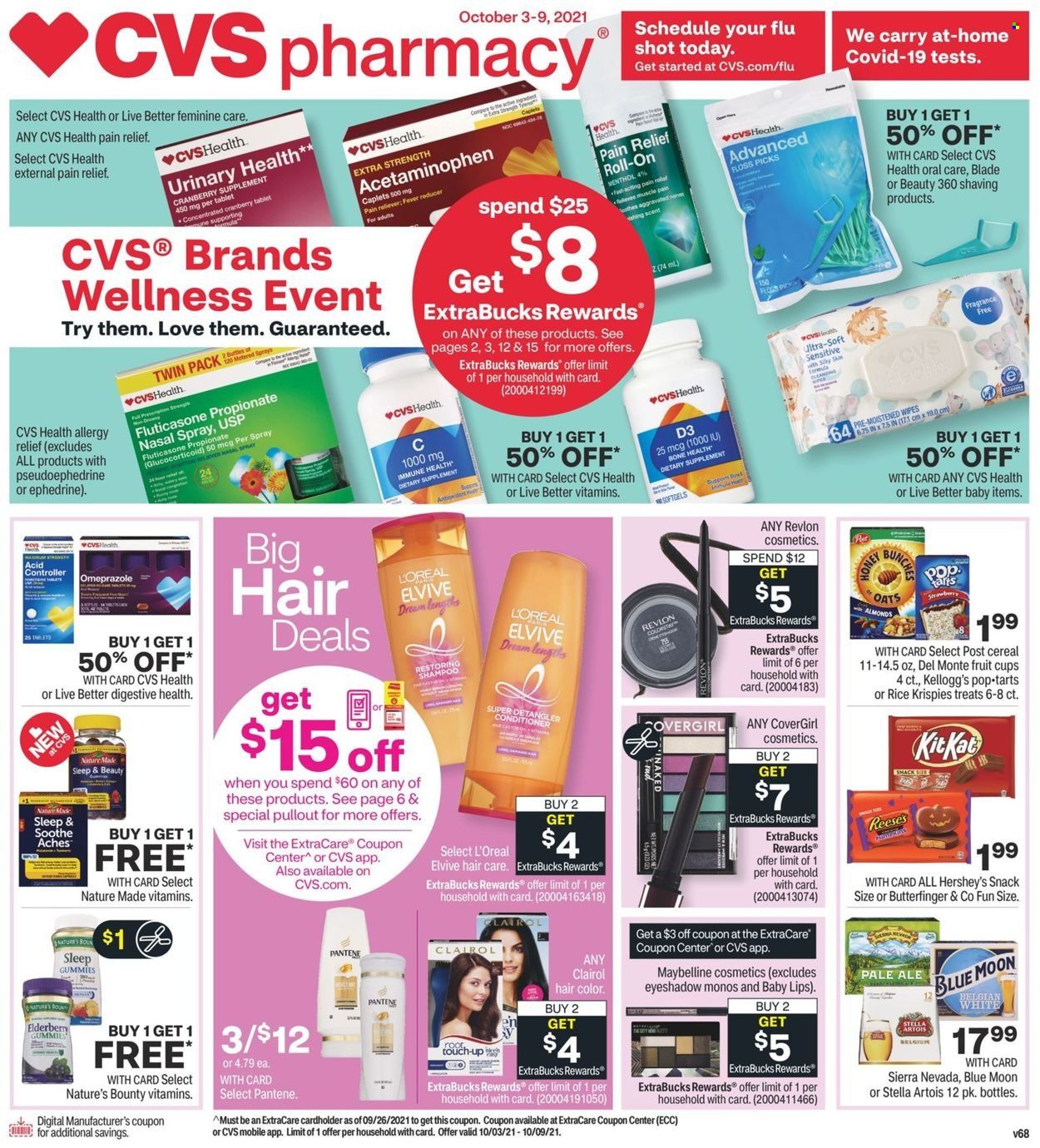 thumbnail - CVS Pharmacy Flyer - 10/03/2021 - 10/09/2021 - Sales products - Reese's, Hershey's, snack, Kellogg's, Pop-Tarts, cereals, oats, Rice Krispies, almonds, wipes, shampoo, L’Oréal, Clairol, Revlon, Pantene, hair color, Maybelline, roll-on, pain relief, Nature Made, Nature's Bounty, vitamin D3, nasal spray, allergy relief, dietary supplement, beer, eyeshadow, Stella Artois, Blue Moon. Page 1.