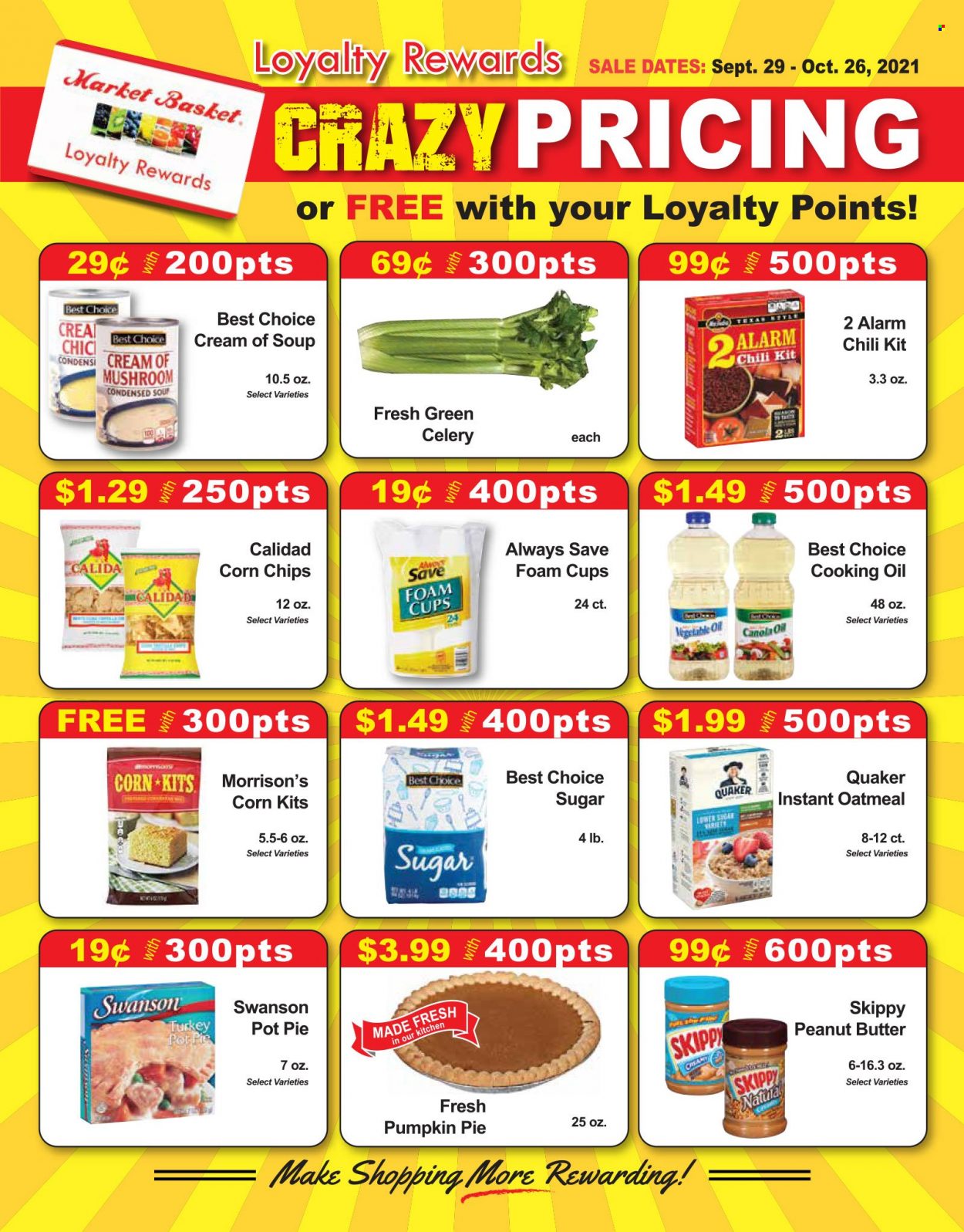 thumbnail - Market Basket Flyer - 09/29/2021 - 10/26/2021 - Sales products - pie, pot pie, celery, pumpkin, soup, Quaker, chips, corn chips, sugar, oatmeal, oil, peanut butter. Page 1.
