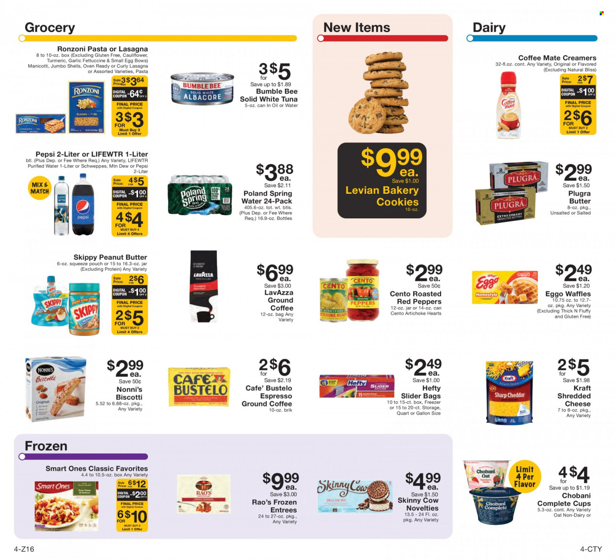 thumbnail - Fairway Market Flyer - 10/01/2021 - 10/07/2021 - Sales products - waffles, artichoke, cauliflower, garlic, peppers, red peppers, tuna, Bumble Bee, Kraft®, shredded cheese, Chobani, Coffee-Mate, eggs, biscotti, cookies, oats, turmeric, peanut butter, Mountain Dew, Schweppes, Pepsi, spring water, purified water, Lifewtr, ground coffee, Lavazza. Page 4.