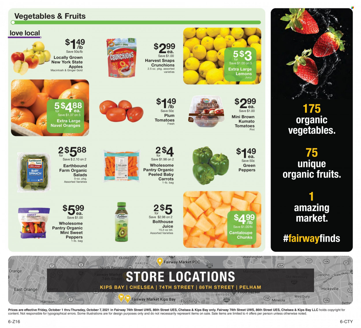 thumbnail - Fairway Market Flyer - 10/01/2021 - 10/07/2021 - Sales products - cantaloupe, carrots, sweet peppers, tomatoes, salad, peppers, apples, oranges, Harvest Snaps, juice, lemons, navel oranges. Page 6.