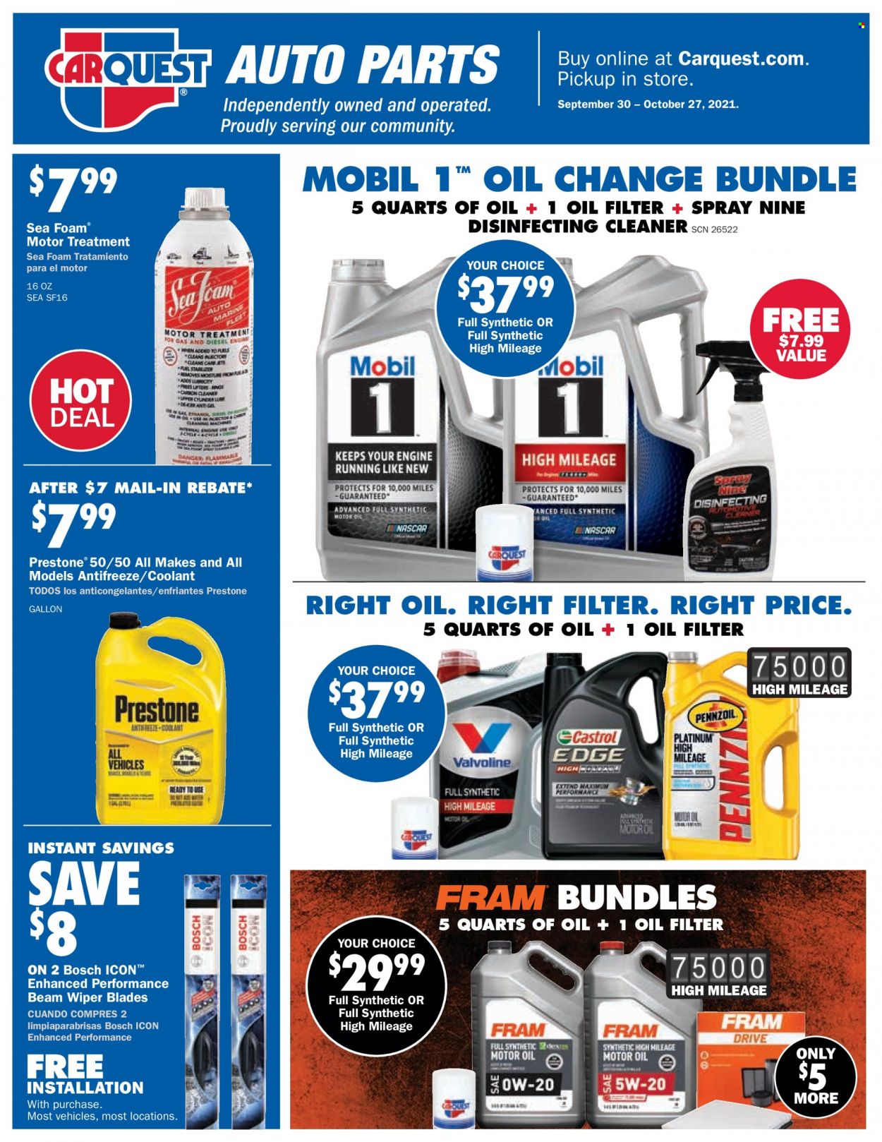 thumbnail - Carquest Flyer - 09/30/2021 - 10/27/2021 - Sales products - wiper blades, oil filter, cleaner, antifreeze, Mobil, Prestone. Page 1.
