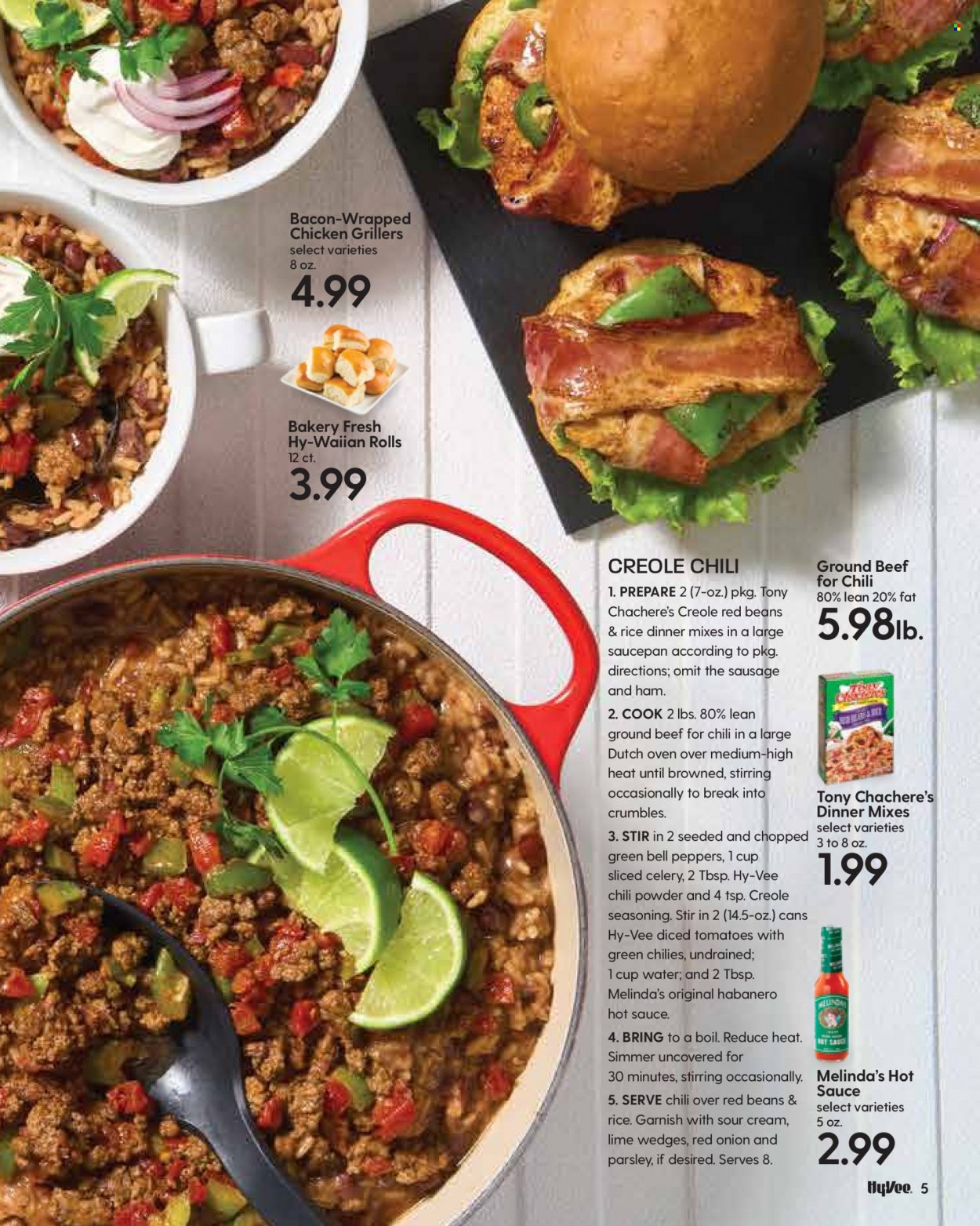 thumbnail - Hy-Vee Flyer - 10/01/2021 - 10/31/2021 - Sales products - tomatoes, parsley, onion, bacon, ham, sausage, sour cream, red beans, rice, spice, hot sauce, beef meat, ground beef, saucepan, cast iron dutch oven. Page 7.