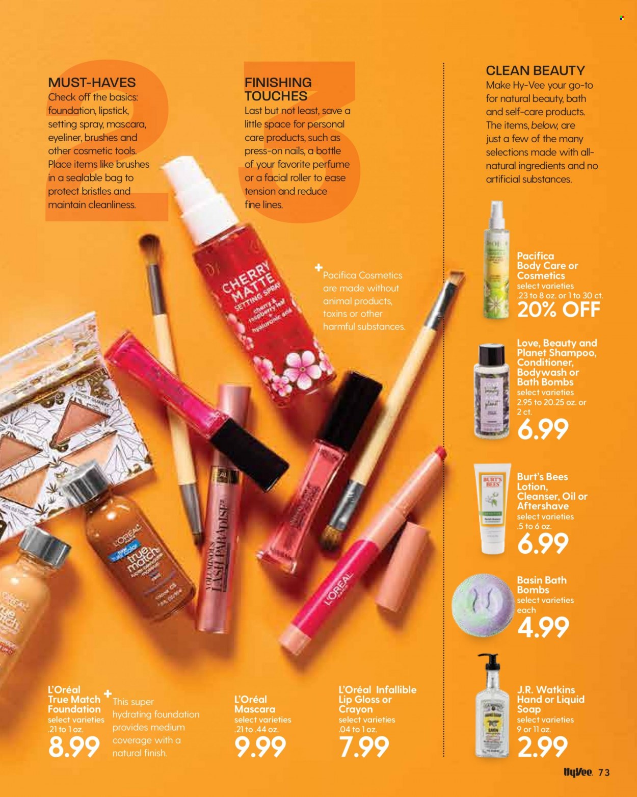 thumbnail - Hy-Vee Flyer - 10/01/2021 - 10/31/2021 - Sales products - cosmetic tools, shampoo, bath bomb, soap, cleanser, L’Oréal, conditioner, body lotion, eau de parfum, bag, lip gloss, lipstick, mascara, setting spray, eyeliner. Page 75.