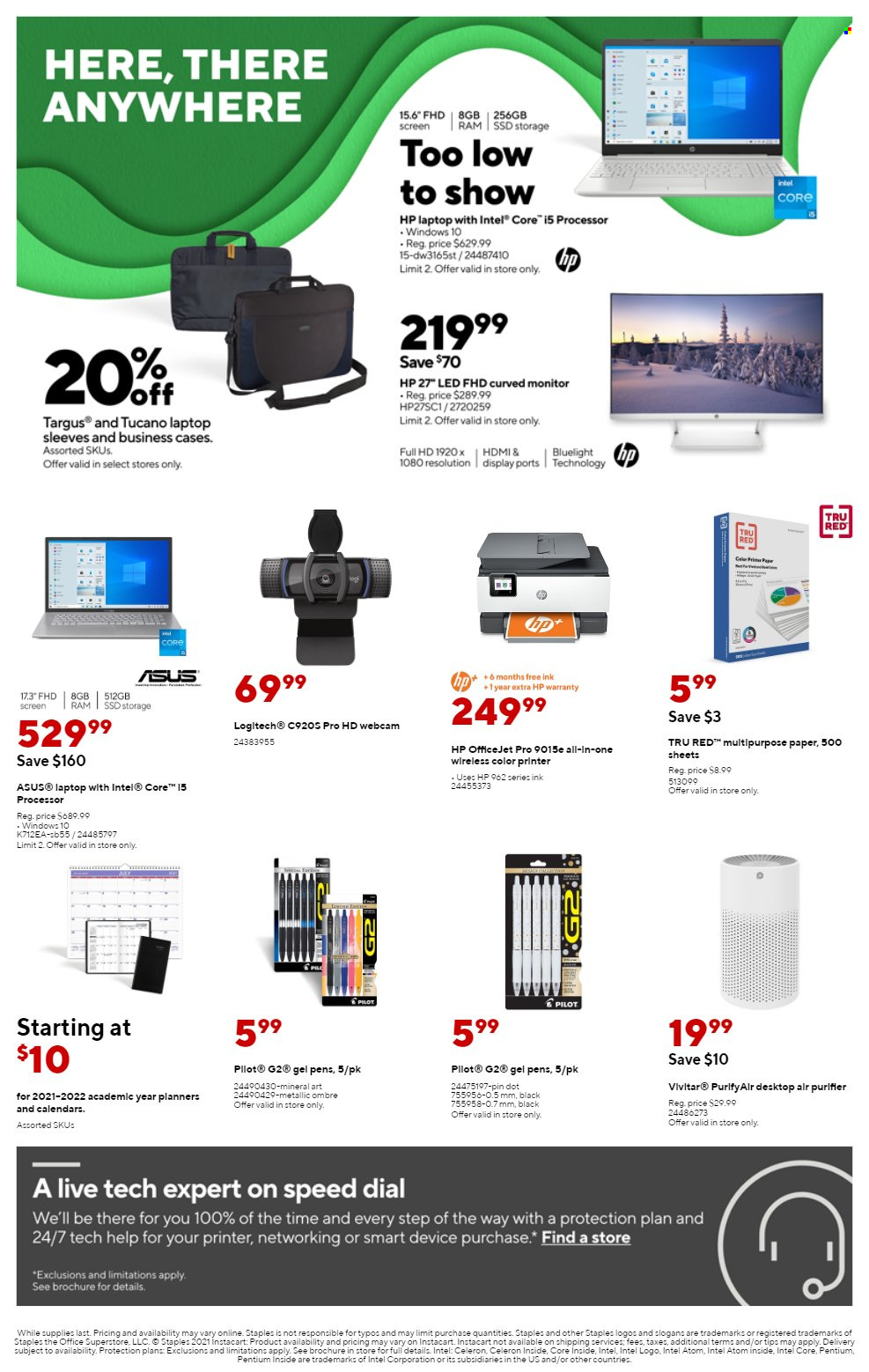 thumbnail - Staples Flyer - 10/03/2021 - 10/09/2021 - Sales products - Intel, Asus, Hewlett Packard, Dial, pin, Pilot, webcam, laptop, Logitech, monitor, HP OfficeJet. Page 1.