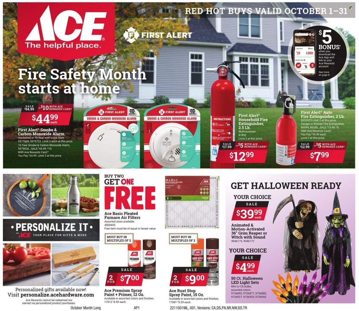 thumbnail - ACE Hardware Flyer - 10/01/2021 - 10/31/2021 - Sales products - extinguisher, bulb, alarm, carbon monoxide alarm, Halloween, spray paint, LED light, light set, furnace, air filter. Page 1.