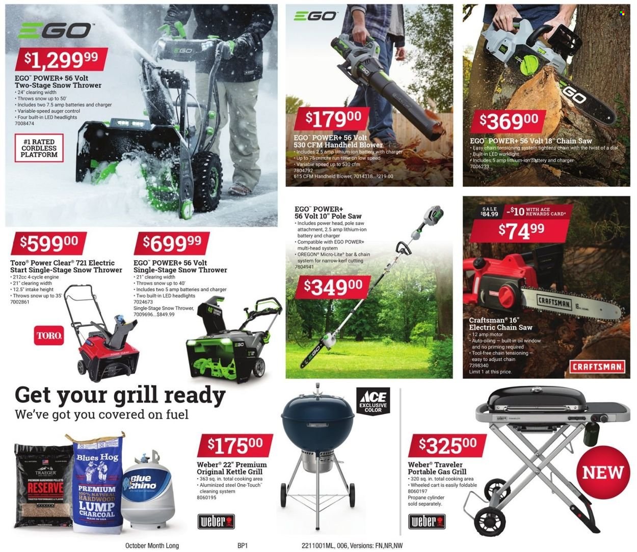 thumbnail - ACE Hardware Flyer - 10/01/2021 - 10/31/2021 - Sales products - Ego, kettle, Thrower, Craftsman, chain saw, saw, blower, gas grill, grill, Weber. Page 6.