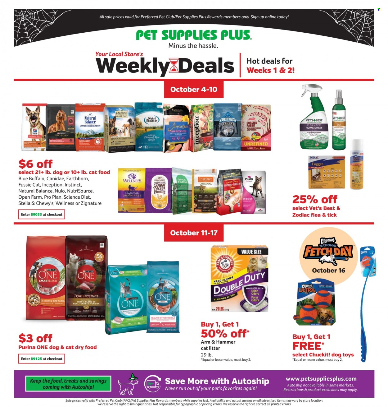 thumbnail - Pet Supplies Plus Flyer - 09/30/2021 - 10/27/2021 - Sales products - ARM & HAMMER, cat litter, dog toy, animal food, Blue Buffalo, Canidae, cat food, Science Diet, PRO PLAN, Purina, Stella & Chewy's, Natural Balance, Nulo, NutriSource, Open Farm, Earthborn. Page 1.