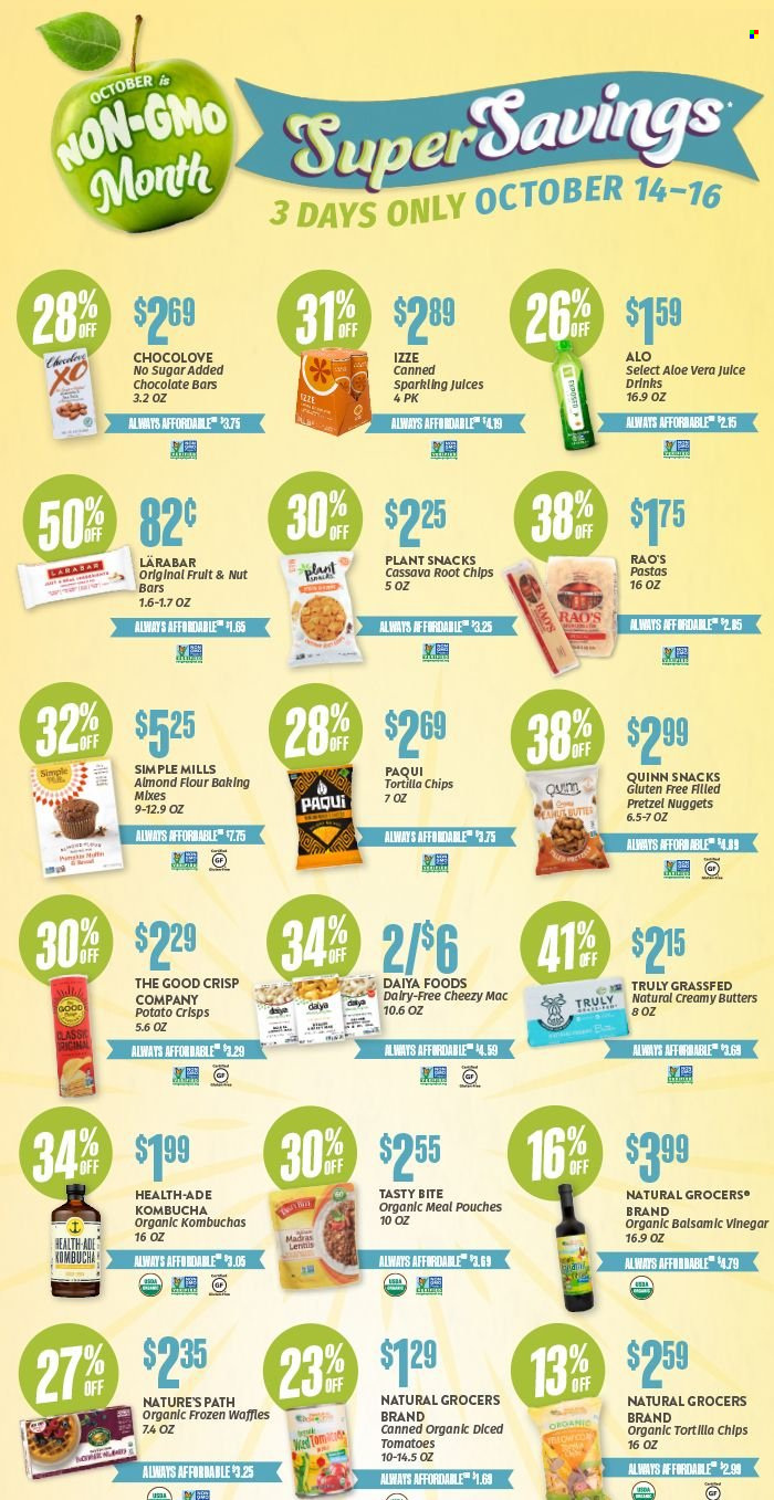 thumbnail - Natural Grocers Flyer - 10/14/2021 - 10/16/2021 - Sales products - pretzels, waffles, tomatoes, cassava, nuggets, snack, chocolate bar, tortilla chips, potato crisps, almond flour, nut bar, balsamic vinegar, juice, kombucha, TRULY. Page 1.