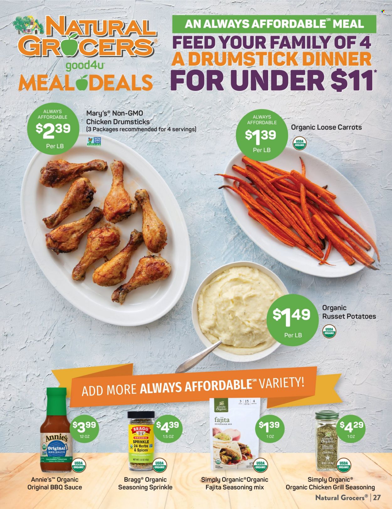 thumbnail - Natural Grocers Flyer - 09/30/2021 - 10/30/2021 - Sales products - carrots, russet potatoes, tomatoes, potatoes, sauce, Annie's, spice, Fajita seasoning, BBQ sauce, chicken drumsticks. Page 27.