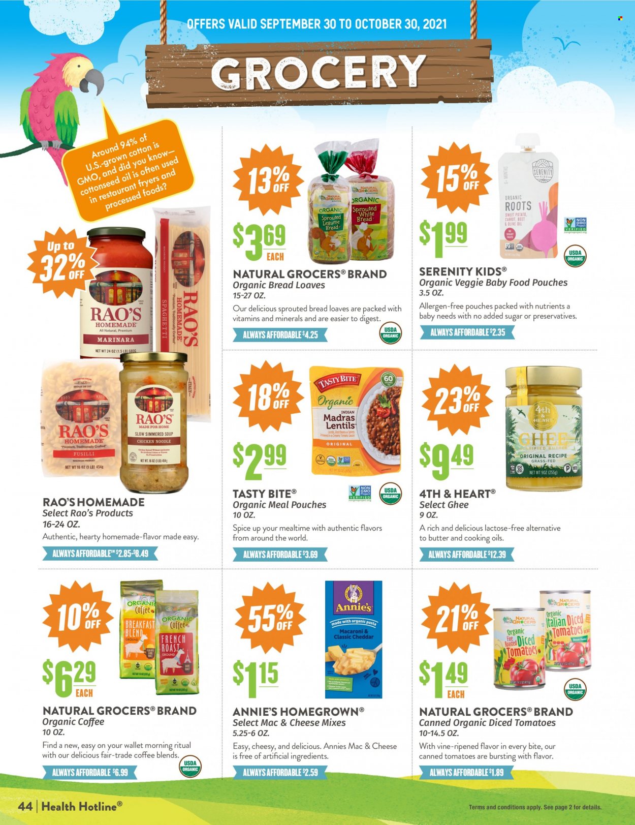 thumbnail - Natural Grocers Flyer - 09/30/2021 - 10/30/2021 - Sales products - tomatoes, Annie's, ghee, spice, organic coffee. Page 44.