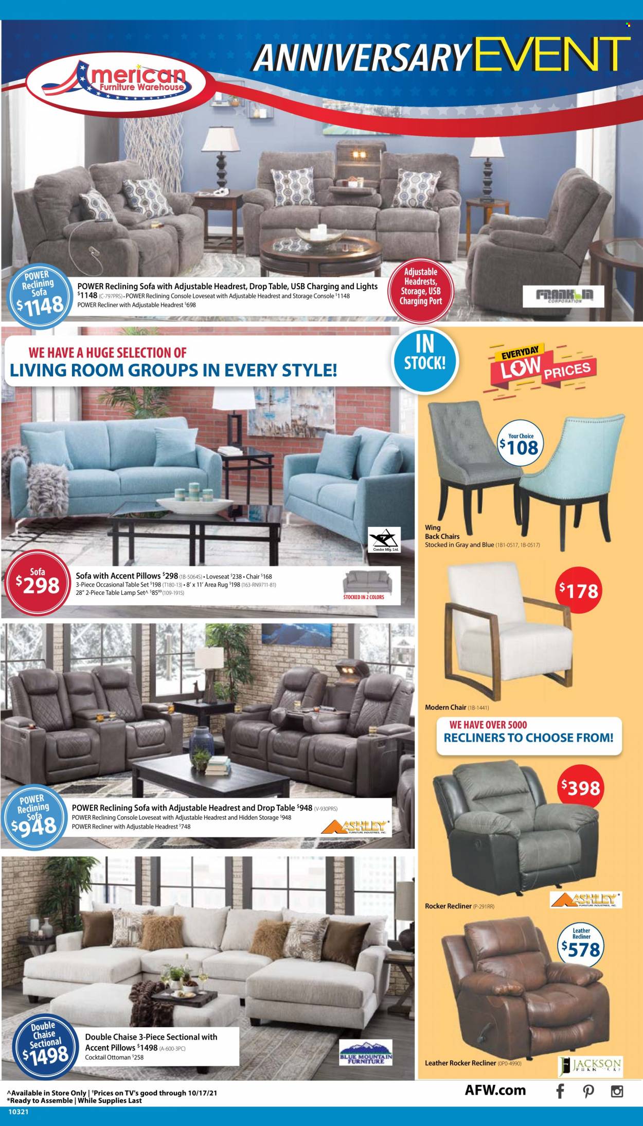 thumbnail - American Furniture Warehouse Flyer - Sales products - table set, chair, 3-piece sectional, loveseat, sofa, recliner chair, ottoman, pillow, rug, area rug. Page 1.