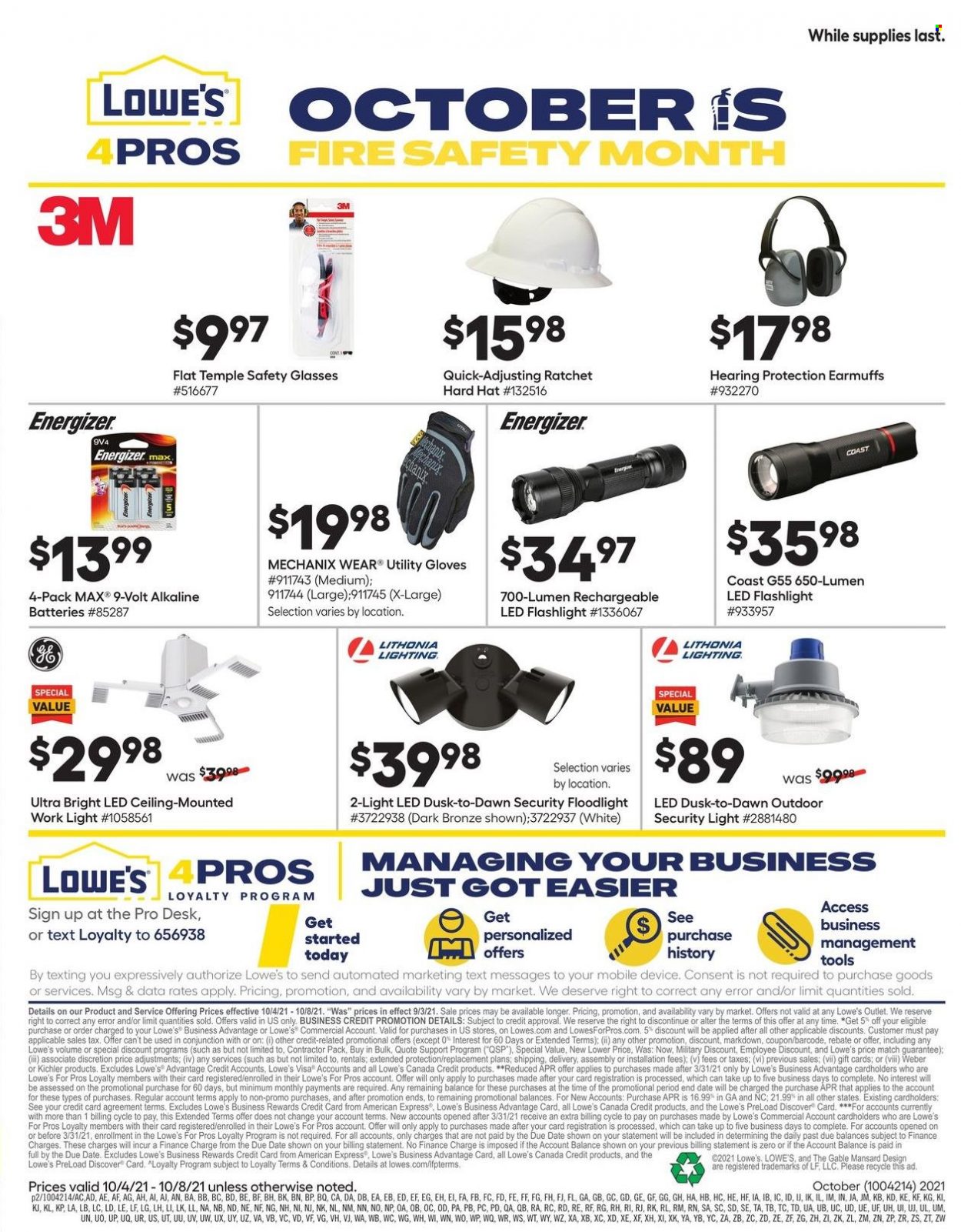 thumbnail - Lowe's Flyer - 10/04/2021 - 10/08/2021 - Sales products - gloves, battery, Energizer, earmuffs, hat, flashlight, work light, floodlight, safety glasses, hearing protection, Weber. Page 2.