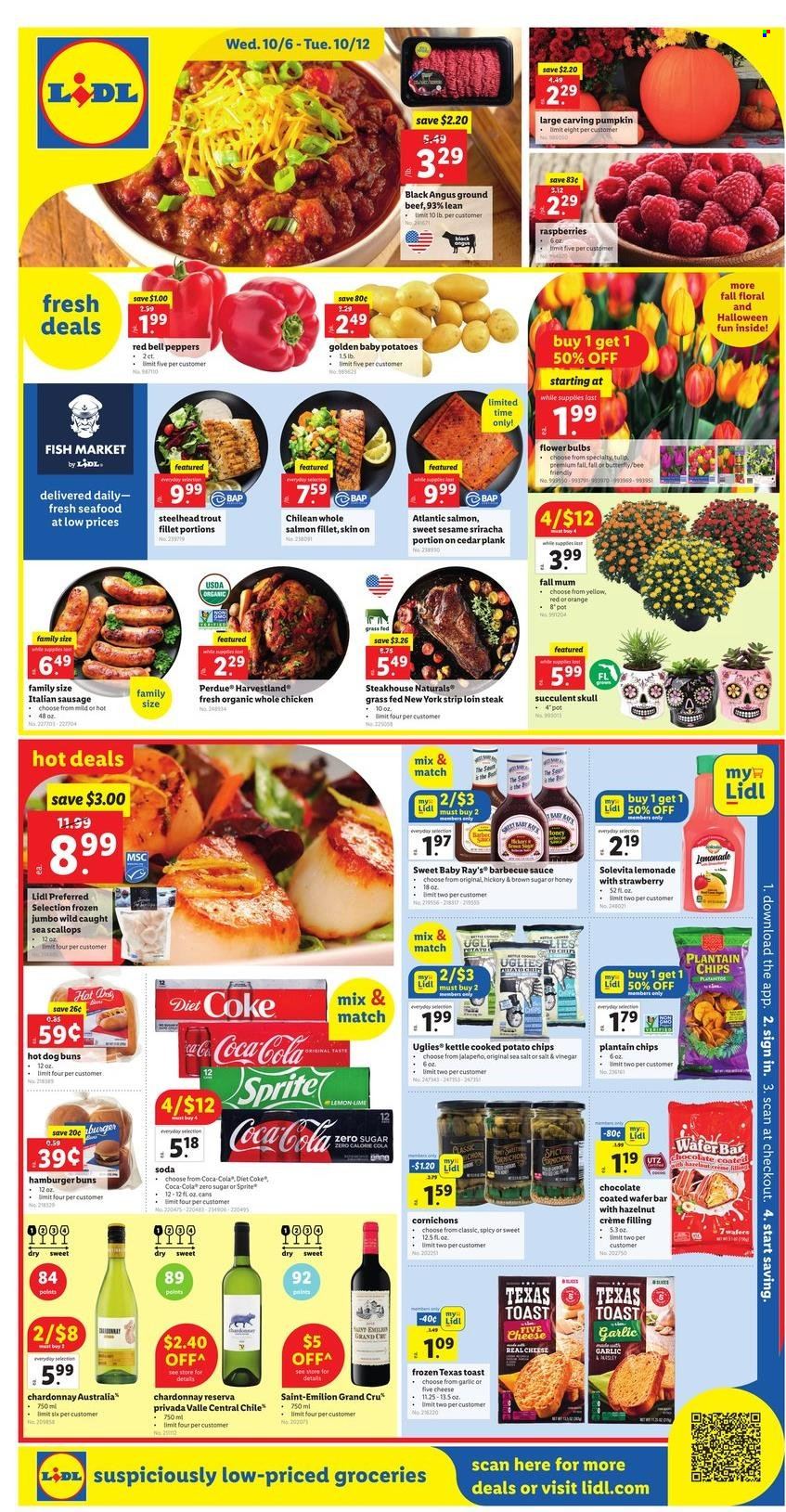 thumbnail - Lidl Flyer - 10/06/2021 - 10/12/2021 - Sales products - buns, burger buns, bell peppers, garlic, pumpkin, peppers, jalapeño, oranges, salmon, salmon fillet, scallops, seafood, sauce, Perdue®, sausage, italian sausage, cheese, wafers, chocolate, potato chips, cane sugar, BBQ sauce, sriracha, Coca-Cola, lemonade, Sprite, Diet Coke, soda, white wine, Chardonnay, whole chicken, beef meat, ground beef, steak, Mum, lid, pot, Halloween, succulent. Page 1.