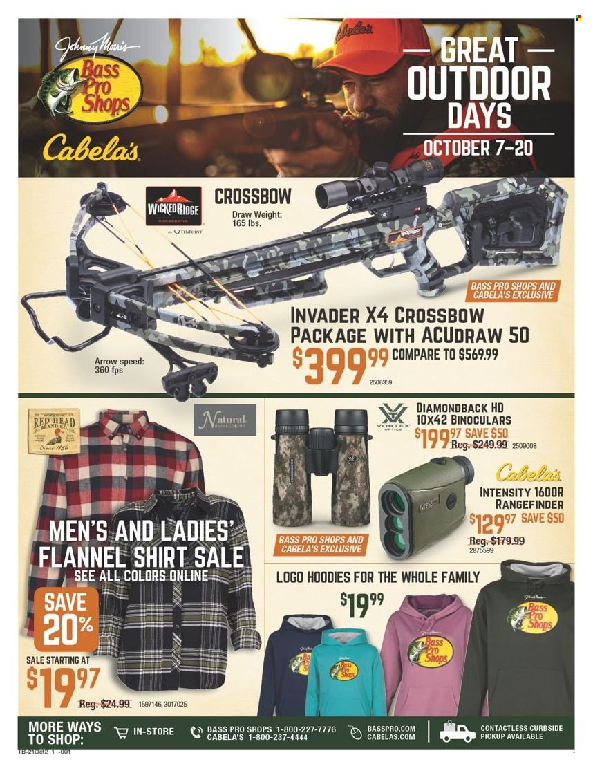 thumbnail - Cabela's Flyer - 10/07/2021 - 10/20/2021 - Sales products - rangefinder, flannel shirt, shirt, hoodie, Bass Pro, binoculars, wicked ridge. Page 1.