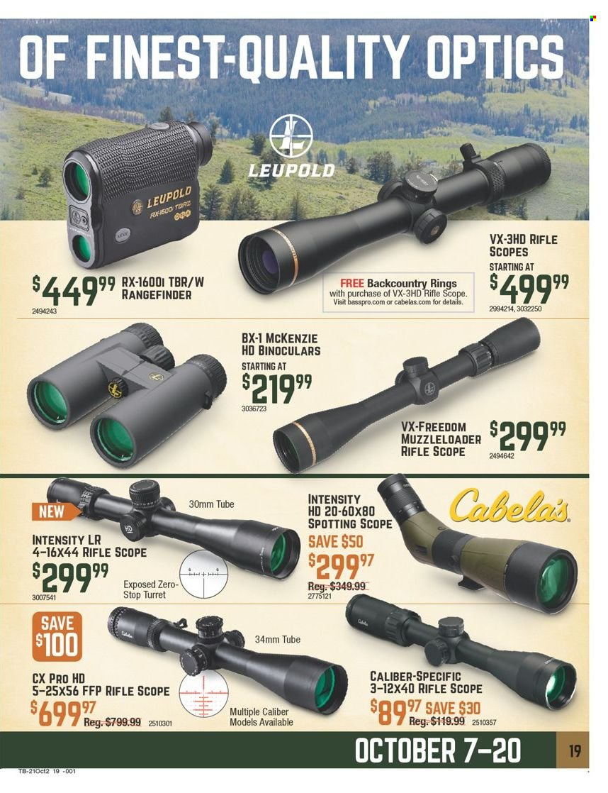 thumbnail - Cabela's Flyer - 10/07/2021 - 10/20/2021 - Sales products - rangefinder, binoculars, Leupold, riflescope, scope. Page 19.