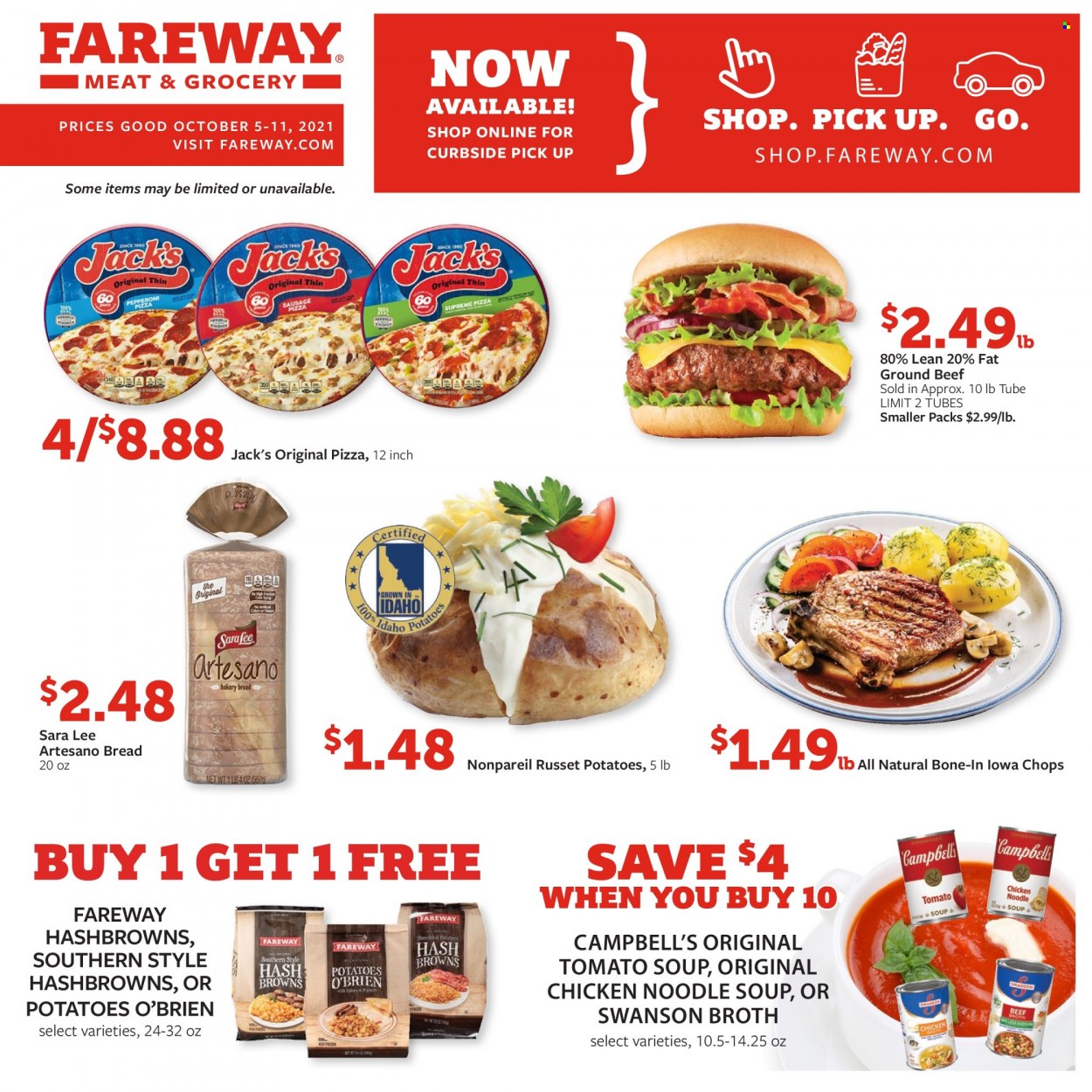 Fareway Flyer - 10/05/2021 - 10/11/2021 - Sales products - bread, Sara Lee, russet potatoes, potatoes, Campbell's, tomato soup, pizza, soup, noodles cup, noodles, pepperoni, hash browns, beef broth, broth, beef meat, ground beef. Page 1.