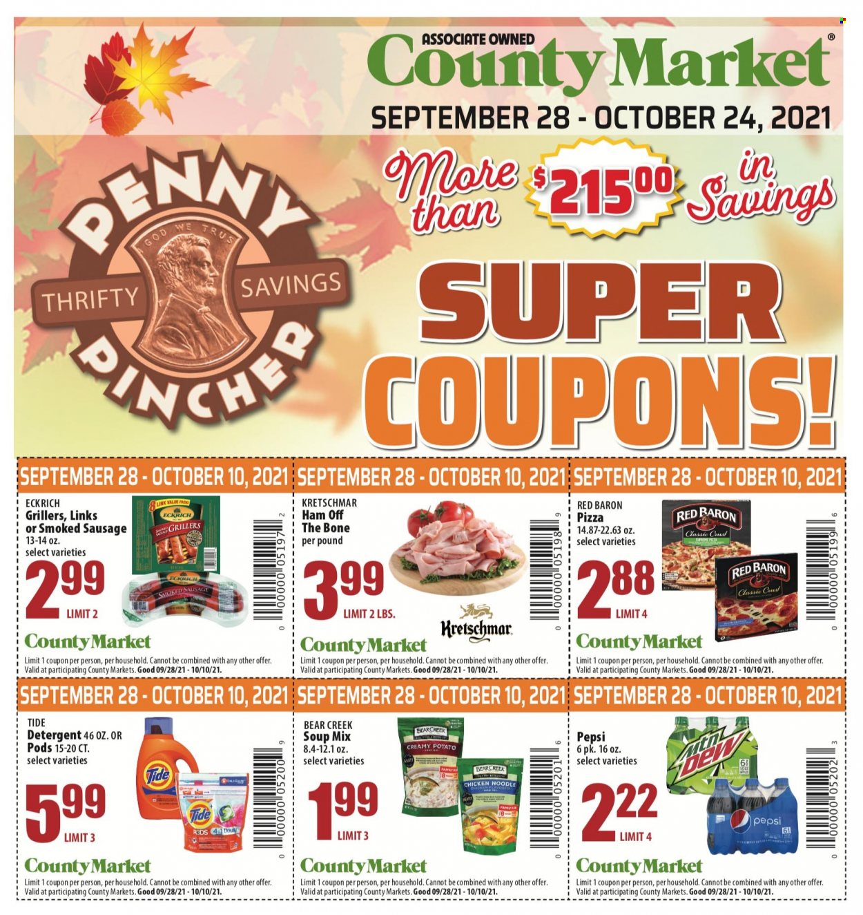 thumbnail - County Market Flyer - 09/28/2021 - 10/24/2021 - Sales products - pizza, soup mix, soup, noodles, ham, ham off the bone, sausage, smoked sausage, Red Baron, Pepsi. Page 1.