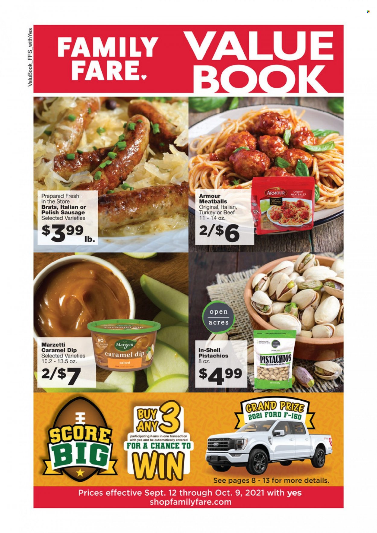 thumbnail - Family Fare Flyer - 09/12/2021 - 10/09/2021 - Sales products - meatballs, sausage, polish sausage, caramel, pistachios, book. Page 1.