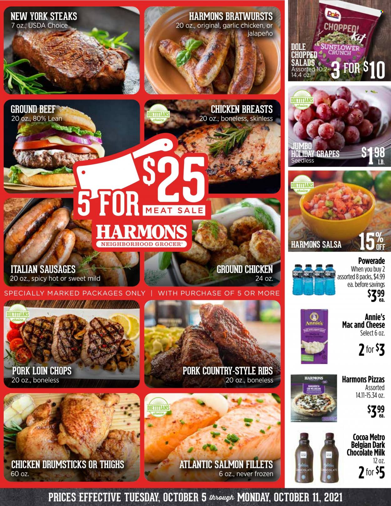 thumbnail - Harmons Flyer - 10/05/2021 - 10/11/2021 - Sales products - garlic, Dole, chopped salad, grapes, salmon, salmon fillet, macaroni & cheese, pizza, Annie's, sausage, milk, milk chocolate, chocolate, dark chocolate, cocoa, salsa, Powerade, ground chicken, chicken breasts, chicken drumsticks, beef meat, ground beef, steak, pork chops, pork loin, pork meat, pork ribs, country style ribs. Page 1.