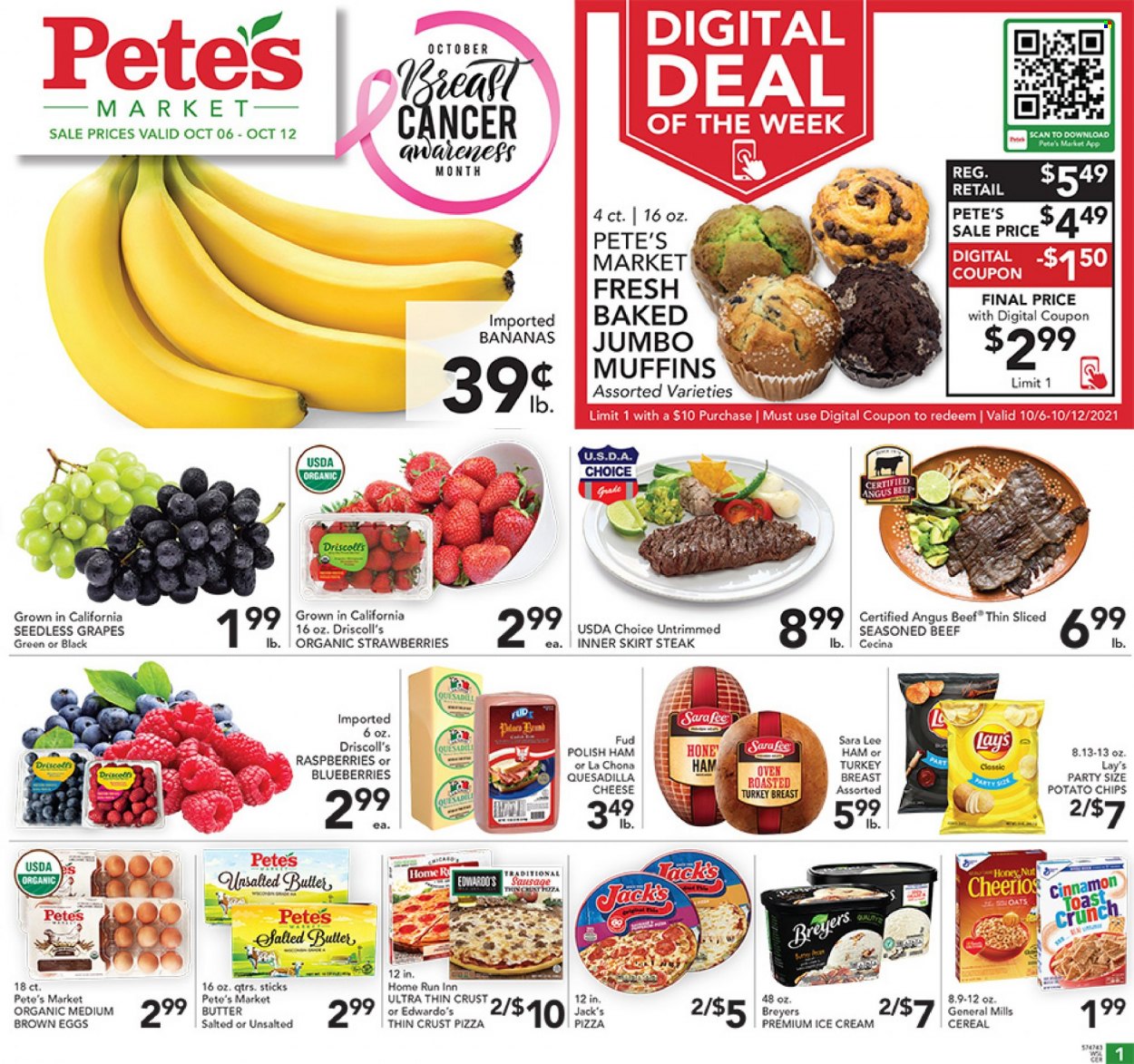 thumbnail - Pete's Fresh Market Flyer - 10/06/2021 - 10/12/2021 - Sales products - seedless grapes, Sara Lee, muffin, blueberries, grapes, pizza, ham, sausage, eggs, ice cream, potato chips, chips, Lay’s, oats, cereals, Cheerios, cinnamon, beef meat, steak. Page 1.