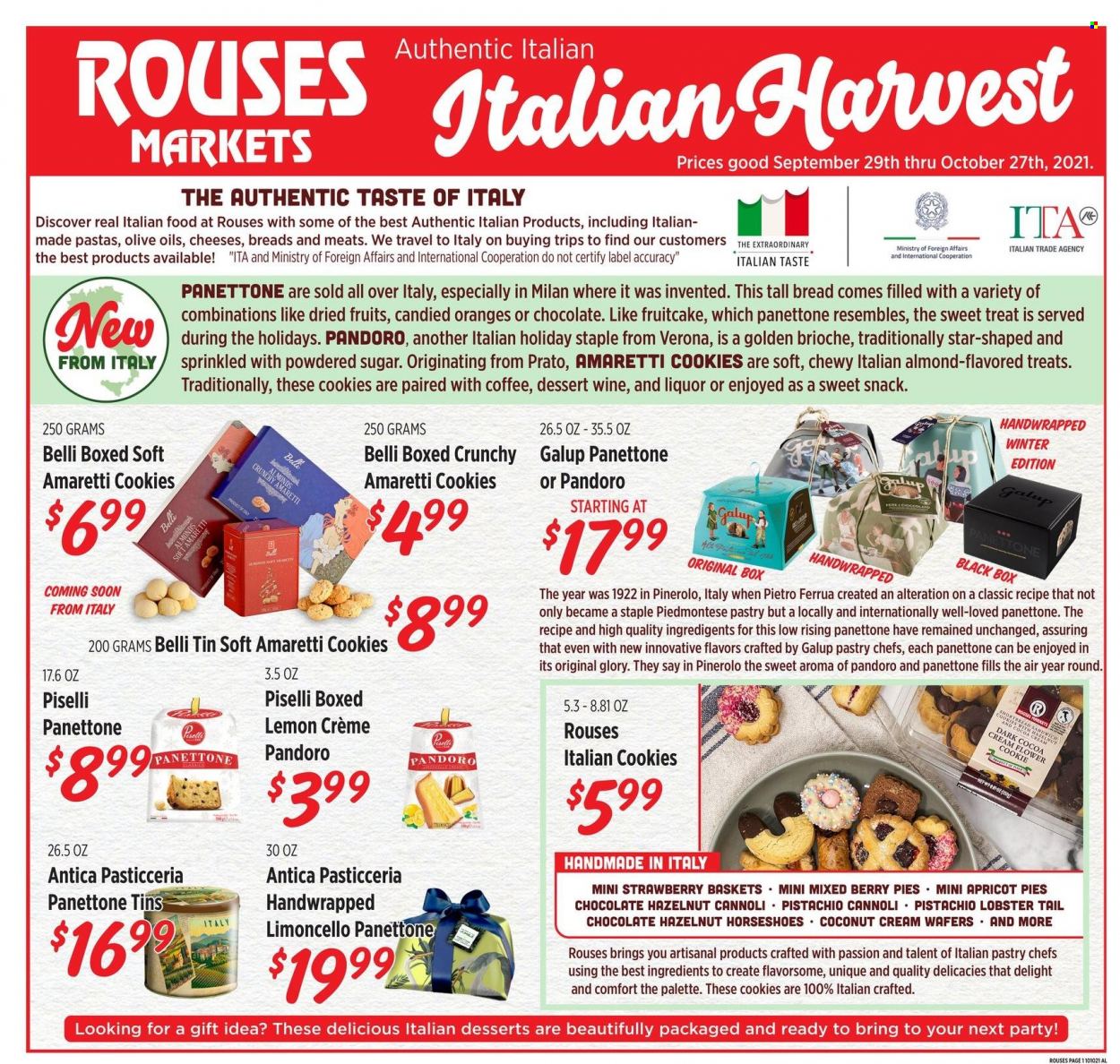 thumbnail - Rouses Markets Flyer - 09/29/2021 - 10/27/2021 - Sales products - brioche, panettone, oranges, coconut, lobster, lobster tail, cheese, Amaretti, cookies, wafers, chocolate, snack, cocoa, sugar, icing sugar, dessert wine, wine, Limoncello, liquor, Palette. Page 1.