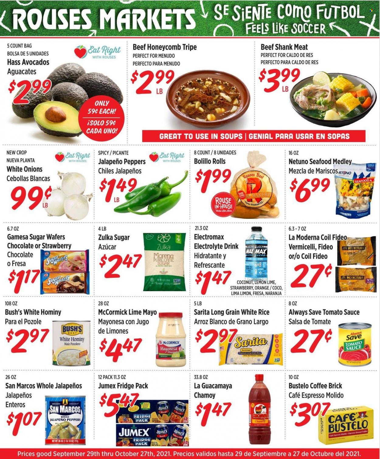 thumbnail - Rouses Markets Flyer - 09/29/2021 - 10/27/2021 - Sales products - jalapeño, avocado, coconut, seafood, sauce, mayonnaise, wafers, chocolate, cane sugar, tomato sauce, rice, white rice, long grain rice, salsa, coffee, beef meat, beef shank, bag. Page 1.