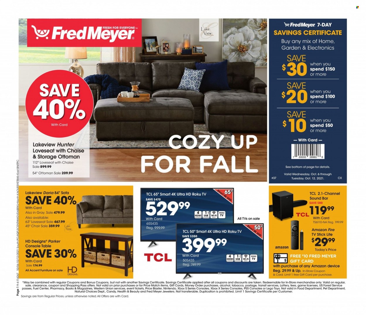 thumbnail - Fred Meyer Flyer - 10/06/2021 - 10/12/2021 - Sales products - Amazon Fire, TCL, PlayStation, Xbox, PlayStation 5, roku tv, UHD TV, ultra hd, TV, sound bar, table, chair, loveseat, sofa, LEGO, toys. Page 1.