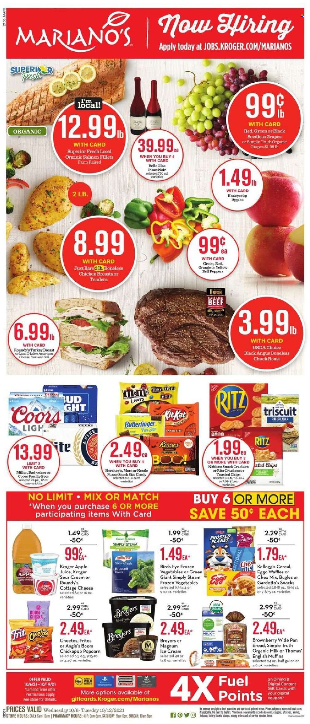 thumbnail - Mariano’s Flyer - 10/06/2021 - 10/12/2021 - Sales products - seedless grapes, english muffins, waffles, broccoli, pumpkin, peppers, grapes, oranges, carp, salmon, salmon fillet, Bird's Eye, cottage cheese, cheese, organic milk, eggs, sour cream, Magnum, Reese's, Hershey's, frozen vegetables, Nestlé, snack, crackers, Kellogg's, RITZ, Fritos, Cheetos, popcorn, Chex Mix, cereals, Frosted Flakes, apple juice, juice, red wine, wine, Pinot Noir, alcohol, beer, Miller, turkey breast, chicken breasts, beef meat, chuck roast, pan, Coors. Page 1.