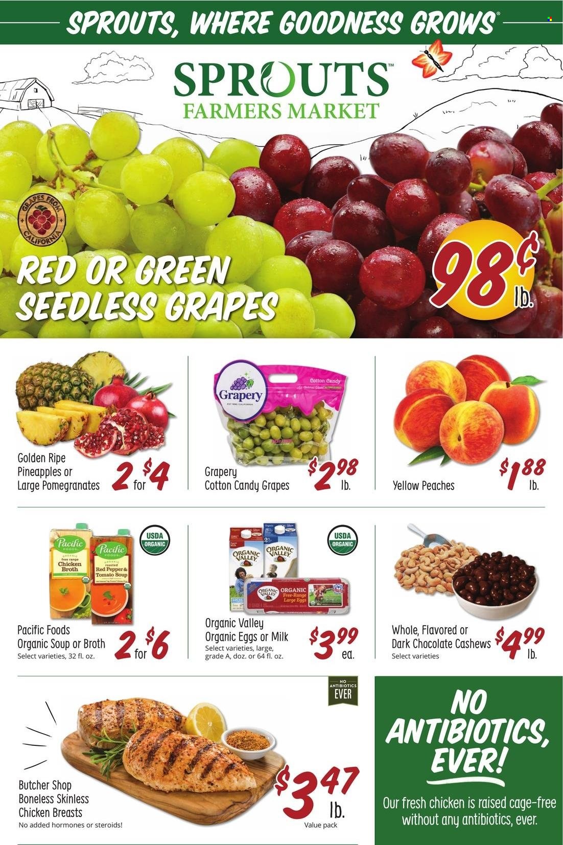 thumbnail - Sprouts Flyer - 10/06/2021 - 10/12/2021 - Sales products - seedless grapes, pineapple, tomato soup, soup, milk, cage free eggs, large eggs, chocolate, cotton candy, chicken broth, broth, cashews, chicken breasts, pomegranate, peaches. Page 1.