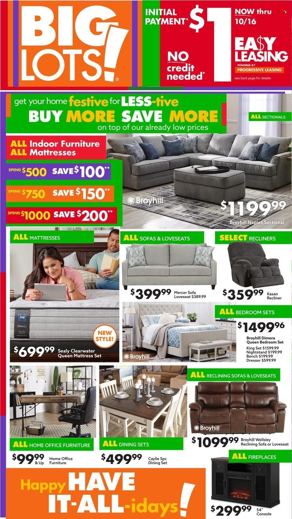 thumbnail - Big Lots Flyer - 10/07/2021 - 10/16/2021 - Sales products - dining set, bench, loveseat, sofa, recliner chair, mattress, dresser, nightstand. Page 1.