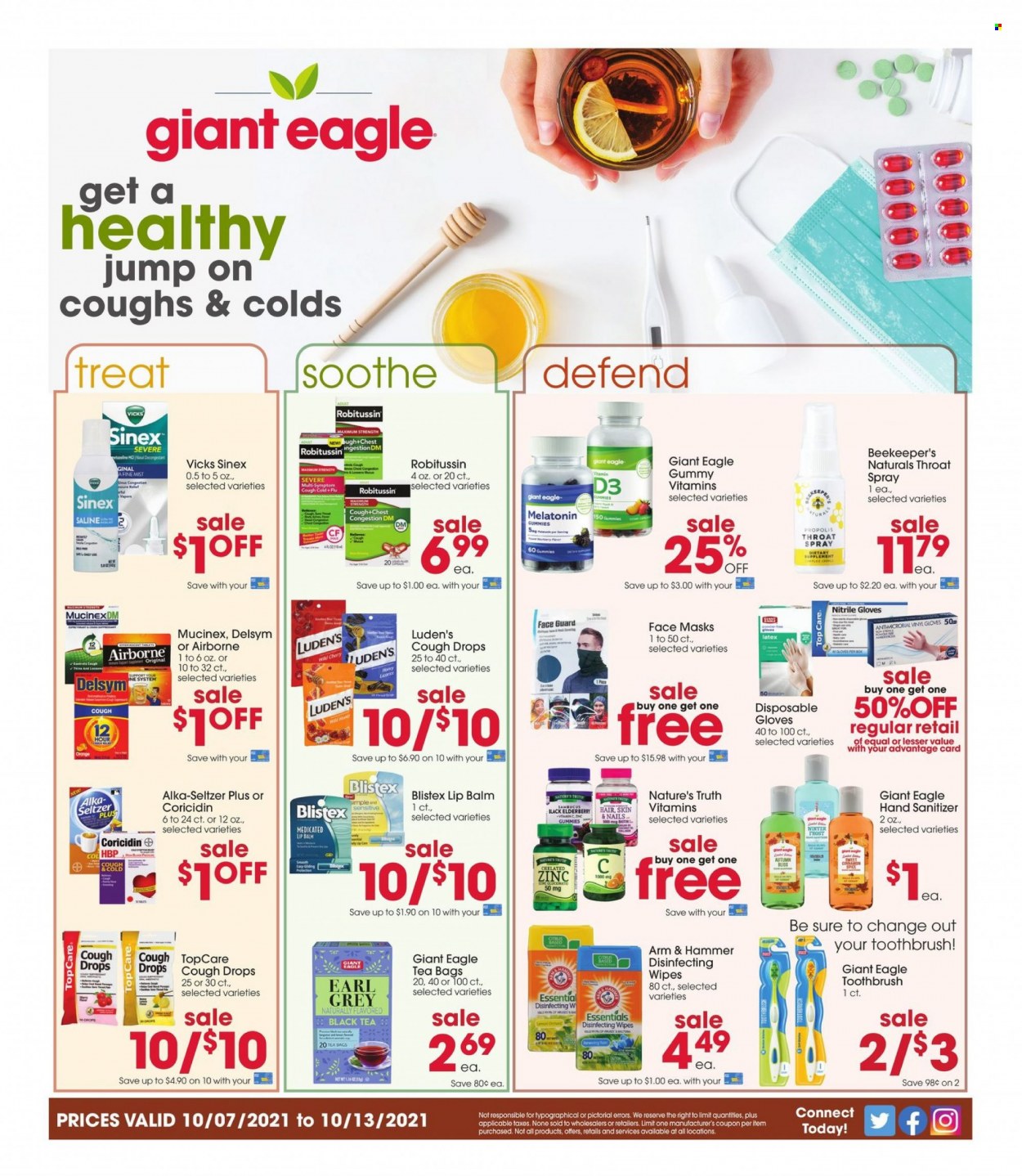 thumbnail - Giant Eagle Flyer - 10/07/2021 - 10/13/2021 - Sales products - oranges, ARM & HAMMER, tea bags, wipes, toothbrush, lip balm, face mask, Sure, hand sanitizer, Vicks, gloves, disposable gloves, Coricidin, Delsym, Melatonin, Mucinex, Nature's Truth, Robitussin, zinc, Alka-seltzer, vitamin D3, cough drops, Sinex, dietary supplement. Page 1.