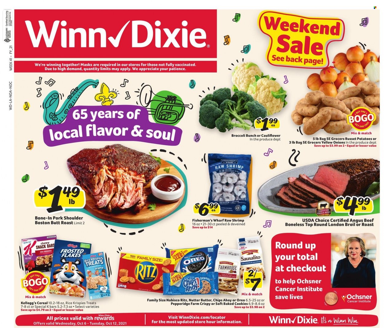 thumbnail - Winn Dixie Flyer - 10/06/2021 - 10/12/2021 - Sales products - broccoli, russet potatoes, potatoes, onion, shrimps, Oreo, butter, cookies, milk chocolate, snack, Kellogg's, snack bar, RITZ, chips, cereals, Rice Krispies, Frosted Flakes, beef meat, pork meat, pork shoulder. Page 1.