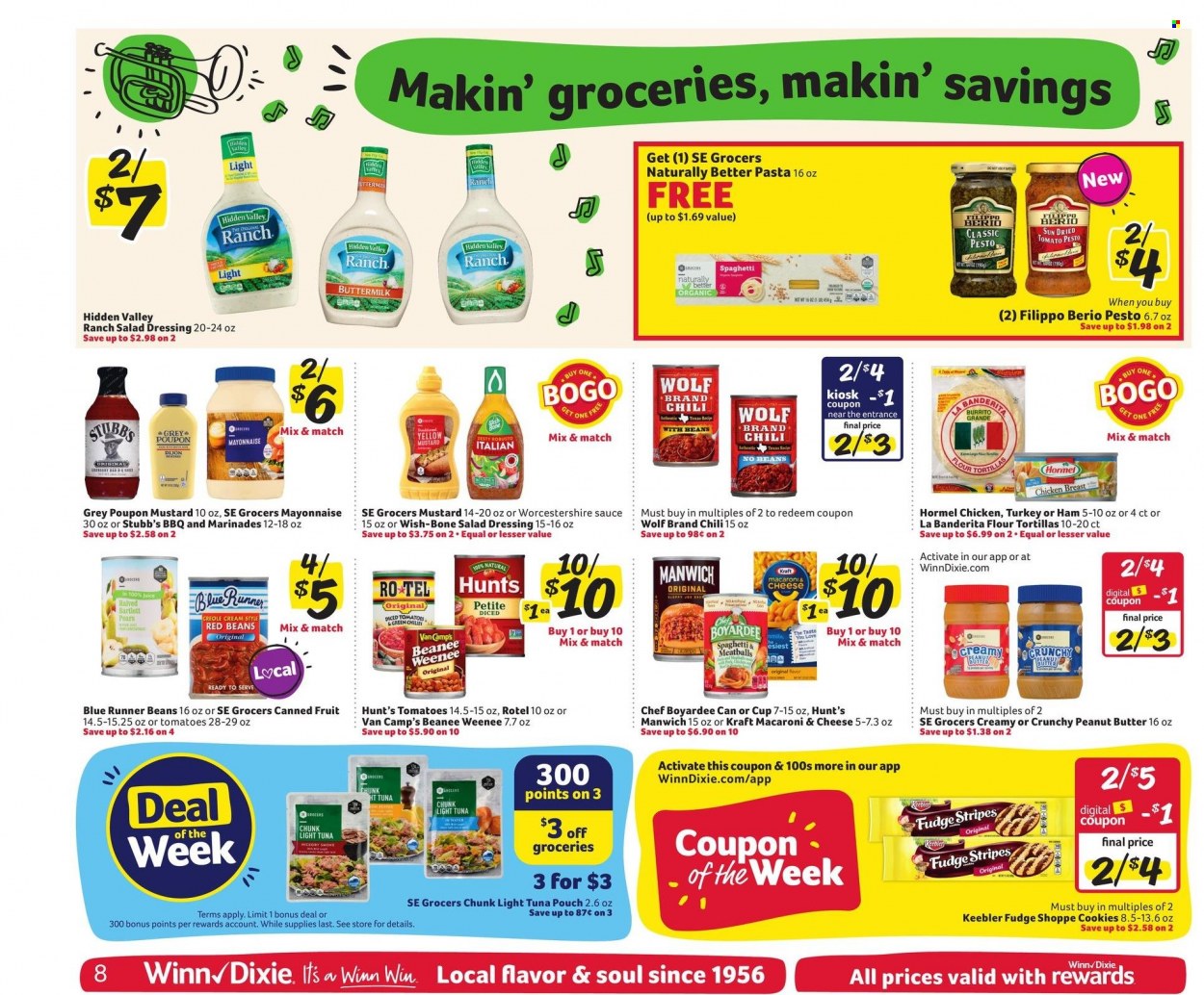 thumbnail - Winn Dixie Flyer - 10/06/2021 - 10/12/2021 - Sales products - Bartlett pears, tortillas, flour tortillas, tomatoes, pears, tuna, macaroni & cheese, spaghetti, meatballs, pasta, sauce, burrito, Kraft®, Hormel, buttermilk, mayonnaise, cookies, fudge, Keebler, red beans, dried tomatoes, light tuna, Manwich, Chef Boyardee, canned fruit, mustard, salad dressing, worcestershire sauce, pesto, dressing, peanut butter, juice, chicken breasts, cup. Page 10.