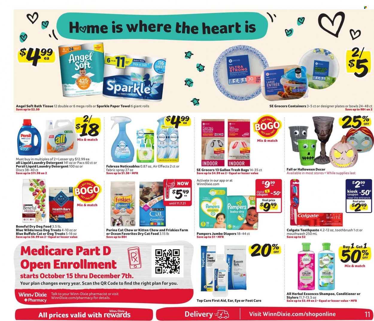 thumbnail - Winn Dixie Flyer - 10/06/2021 - 10/12/2021 - Sales products - Pampers, nappies, bath tissue, paper towels, detergent, Febreze, Persil, laundry detergent, shampoo, Colgate, toothbrush, toothpaste, mouthwash, conditioner, Herbal Essences, bag, trash bags, foot care, gallon, plate, paper plate, animal food, Blue Buffalo, cat food, dog food, Purina, dry dog food, dry cat food, Friskies, Blue Wilderness. Page 13.