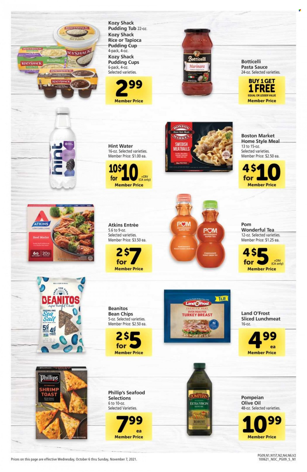 thumbnail - Safeway Flyer - 10/06/2021 - 11/07/2021 - Sales products - seafood, shrimps, pasta sauce, meatballs, sauce, lunch meat, pudding, chips, extra virgin olive oil, olive oil, oil, tea, Merlot. Page 9.