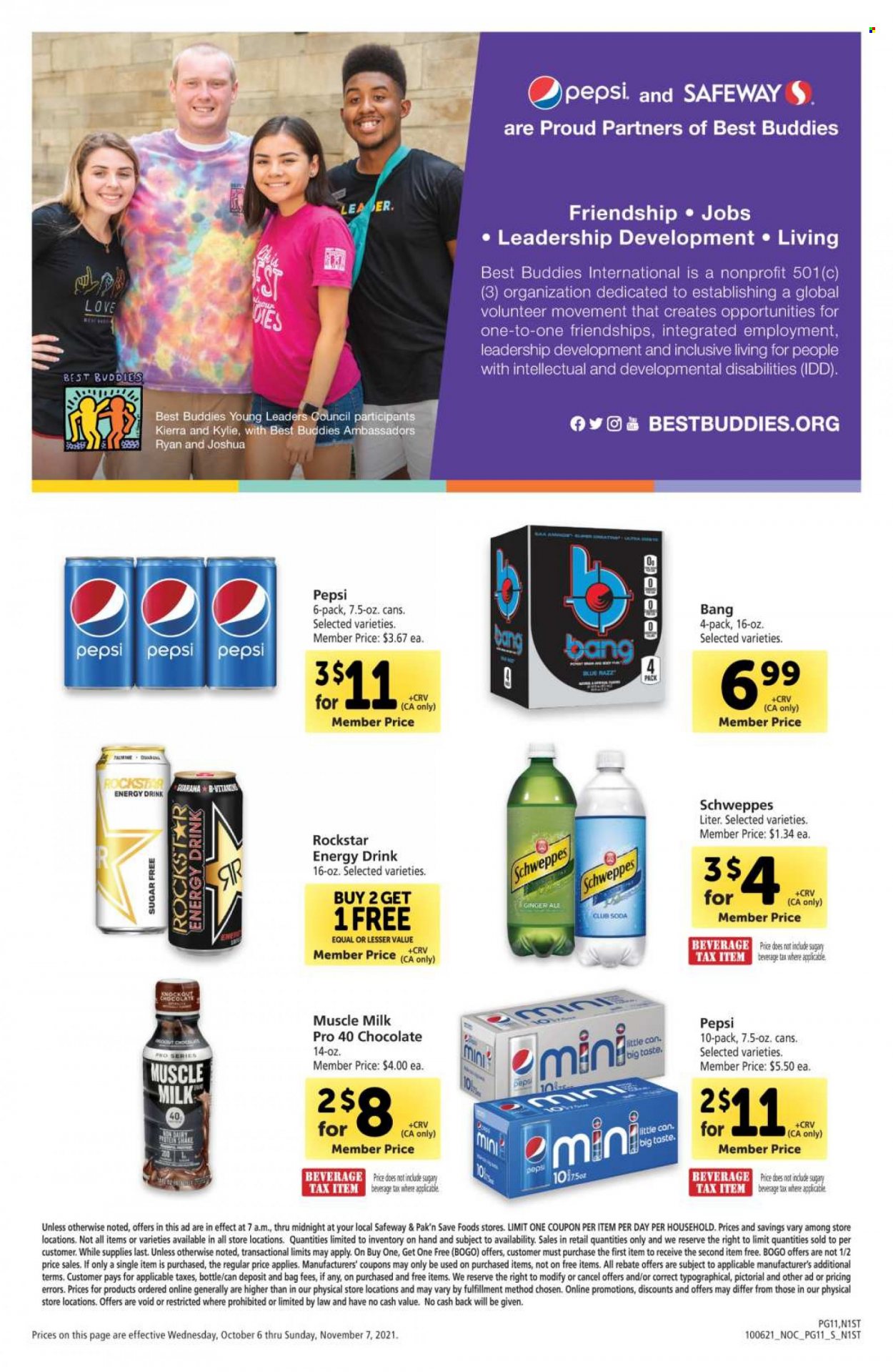 thumbnail - Safeway Flyer - 10/06/2021 - 11/07/2021 - Sales products - milk, muscle milk, chocolate, ginger ale, Schweppes, Pepsi, energy drink, Rockstar, Club Soda. Page 11.
