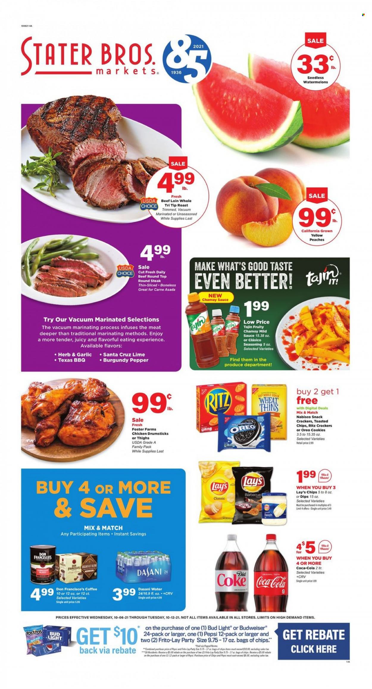 thumbnail - Stater Bros. Flyer - 10/06/2021 - 10/12/2021 - Sales products - sauce, Oreo, cookies, snack, crackers, RITZ, chips, Lay’s, Thins, Frito-Lay, Tostitos, spice, herbs, Coca-Cola, Pepsi, Diet Coke, coffee, beer, Bud Light, chicken drumsticks, beef meat, steak, round steak, Budweiser, peaches. Page 1.