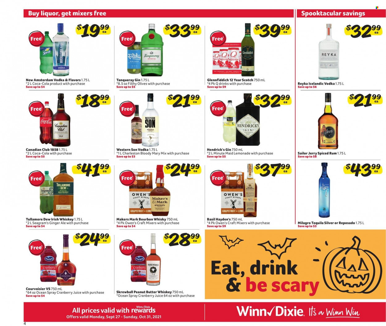 thumbnail - Winn Dixie Flyer - 09/27/2021 - 10/31/2021 - Sales products - grapefruits, blue cheese, cheese, olives, esponja, peanut butter, Coca-Cola, cranberry juice, ginger ale, lemonade, Sprite, juice, fruit punch, bourbon, gin, rum, spiced rum, tequila, vodka, whiskey, irish whiskey, liquor, Glenfiddich, Hendrick's, whisky. Page 4.