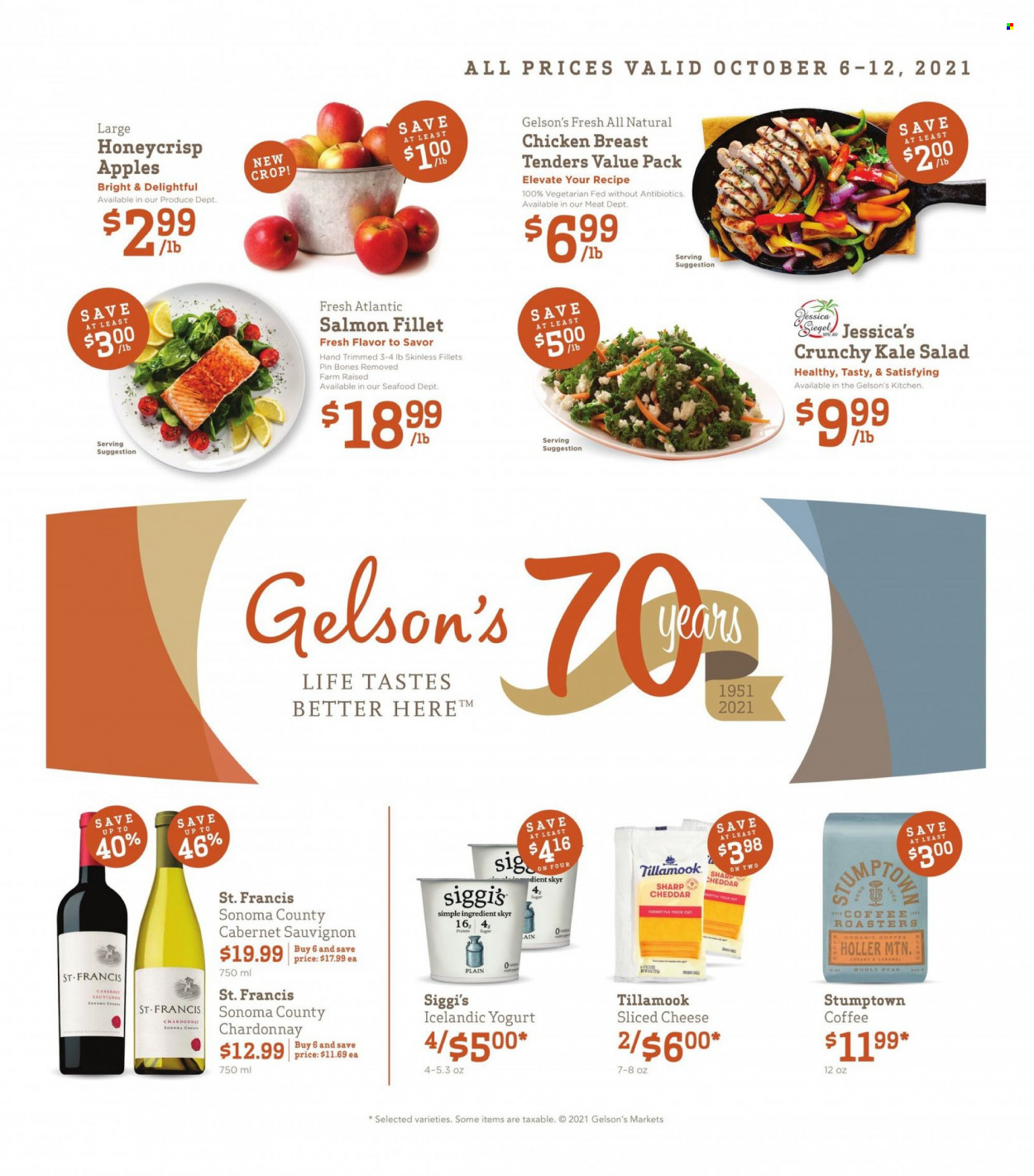 thumbnail - Gelson's Flyer - 10/06/2021 - 10/12/2021 - Sales products - kale, apples, salmon, salmon fillet, seafood, sliced cheese, cheddar, cheese, yoghurt, sugar, caramel, coffee, Cabernet Sauvignon, Chardonnay, wine, chicken breasts, pin. Page 1.