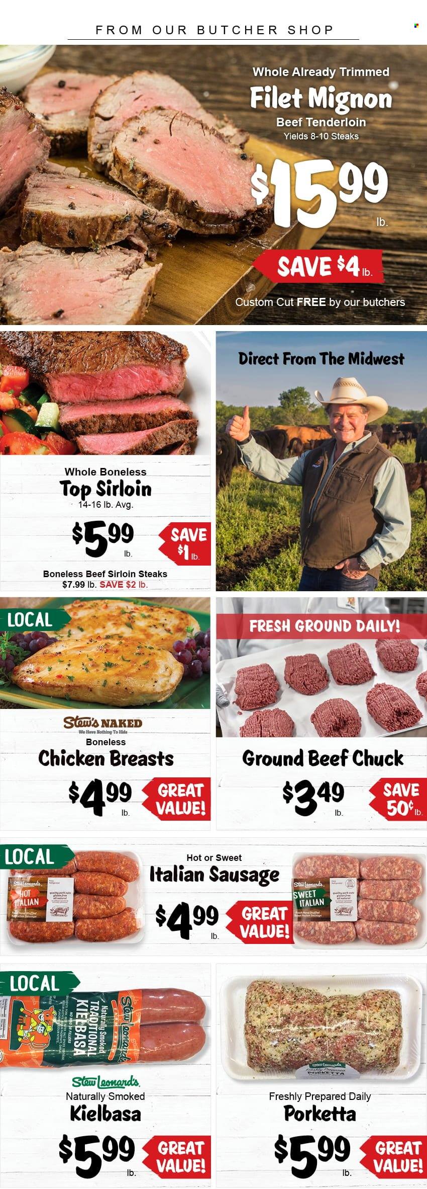 thumbnail - Stew Leonard's Flyer - 10/06/2021 - 10/12/2021 - Sales products - chicken breasts, beef meat, beef sirloin, ground beef, steak, beef tenderloin, sirloin steak, sausage, italian sausage, kielbasa. Page 1.
