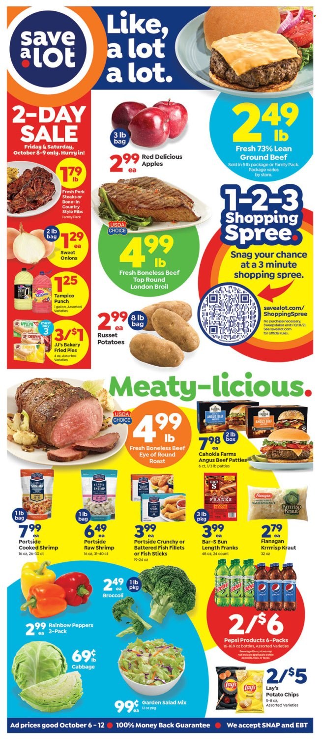 thumbnail - Save a Lot Flyer - 10/06/2021 - 10/12/2021 - Sales products - broccoli, cabbage, russet potatoes, salad, peppers, apples, Red Delicious apples, fish fillets, shrimps, fish fingers, fish sticks, potato chips, chips, Lay’s, Pepsi, fruit punch, beer, beef meat, ground beef, steak, eye of round, pork chops, pork meat, pork ribs, country style ribs. Page 1.