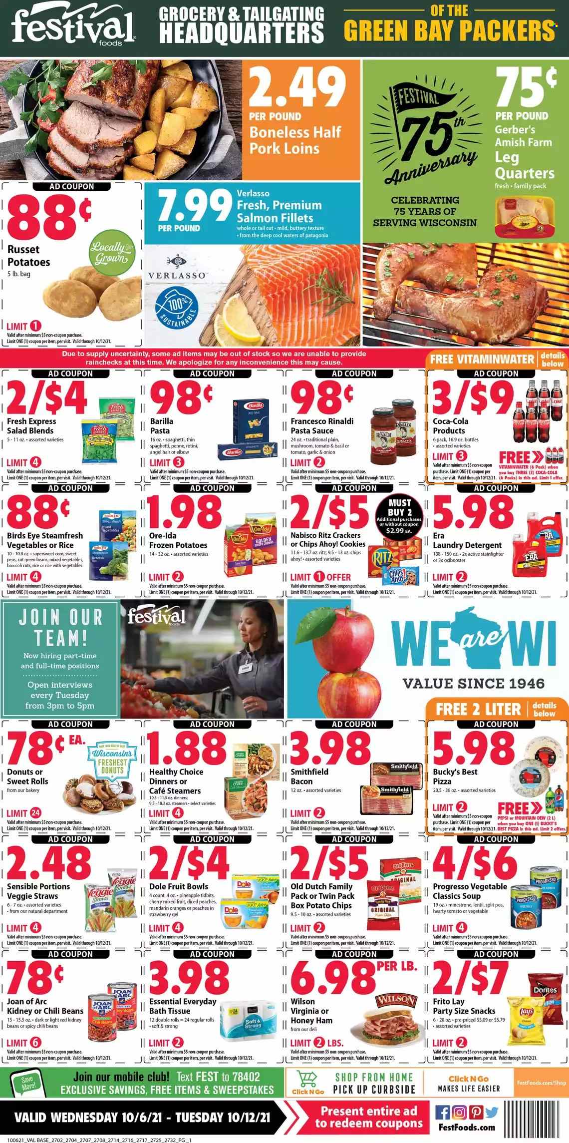 thumbnail - Festival Foods Flyer - 10/06/2021 - 10/12/2021 - Sales products - donut, sweet rolls, broccoli, corn, green beans, russet potatoes, salad, Dole, mandarines, pineapple, cherries, oranges, salmon, salmon fillet, spaghetti, pizza, pasta sauce, soup, sauce, Bird's Eye, Barilla, Progresso, Healthy Choice, bacon, ham, mixed vegetables, Ore-Ida, cookies, snack, crackers, Chips Ahoy!, RITZ, Doritos, Gerber, potato chips, Lay’s, veggie straws, chili beans, penne, Coca-Cola, Mountain Dew, Pepsi, bath tissue, detergent, laundry detergent. Page 1.