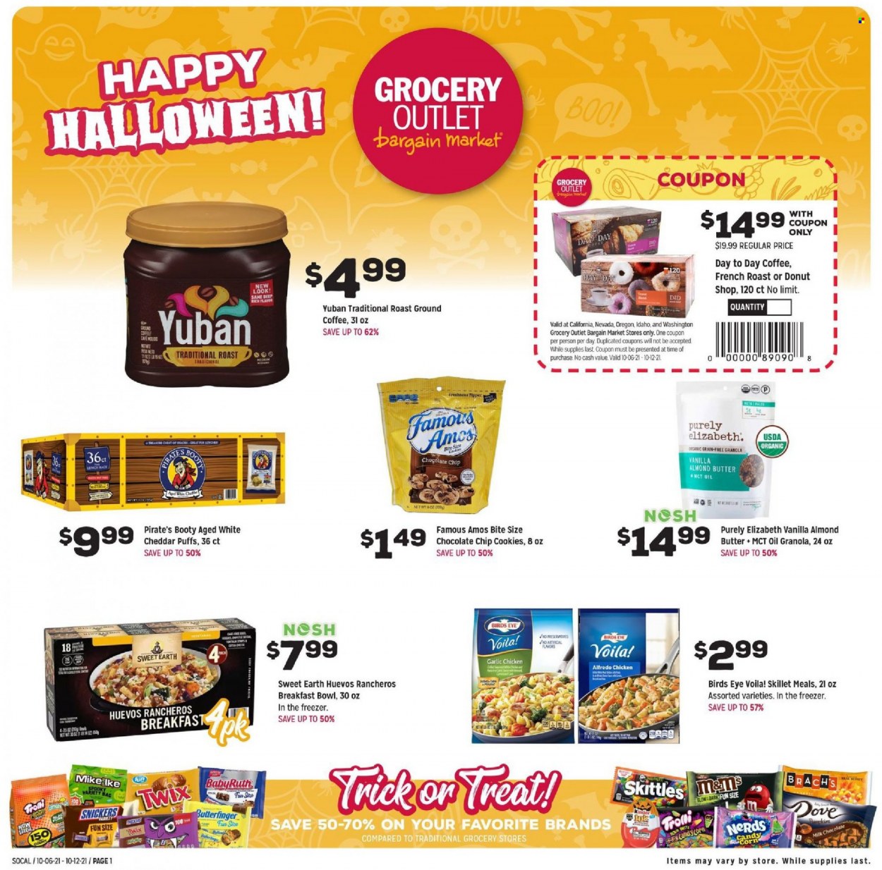 thumbnail - Grocery Outlet Flyer - 10/06/2021 - 10/12/2021 - Sales products - puffs, donut, corn, garlic, breakfast bowl, Bird's Eye, cheddar, cheese, almond butter, cookies, milk chocolate, Snickers, Twix, Skittles, granola, coffee, Dove, Brite, bag. Page 1.