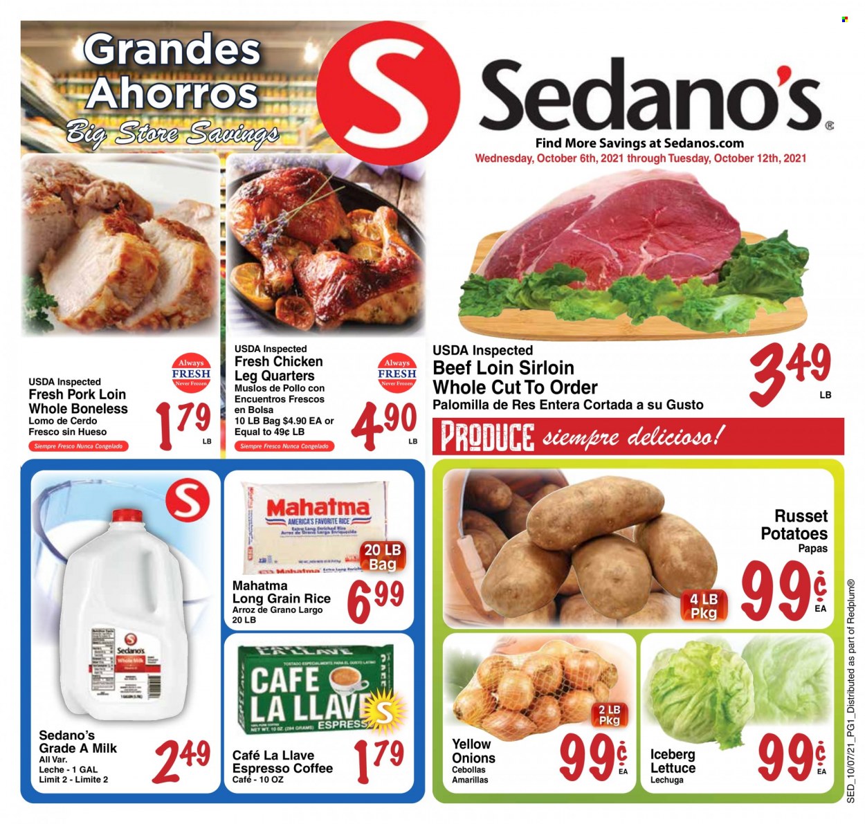 thumbnail - Sedano's Flyer - 10/06/2021 - 10/12/2021 - Sales products - russet potatoes, potatoes, onion, lettuce, milk, rice, long grain rice, coffee, chicken legs, pork loin, pork meat. Page 1.