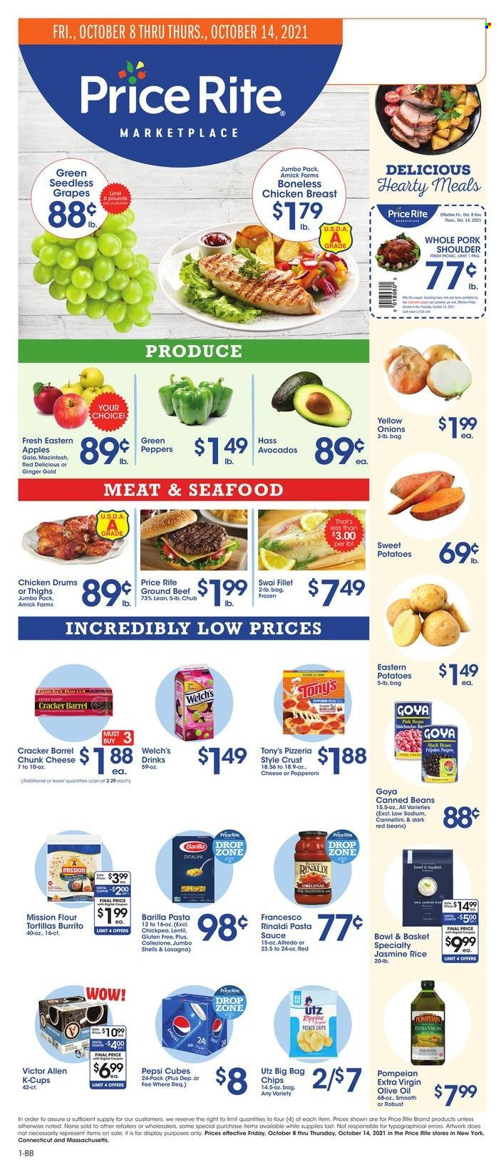 thumbnail - Price Rite Flyer - 10/08/2021 - 10/14/2021 - Sales products - seedless grapes, tortillas, Bowl & Basket, flour tortillas, beans, ginger, sweet potato, potatoes, onion, peppers, apples, avocado, Gala, grapes, Red Delicious apples, Welch's, seafood, swai fillet, pasta sauce, sauce, Barilla, burrito, lasagna meal, chunk cheese, crackers, red beans, Goya, rice, jasmine rice, extra virgin olive oil, olive oil, oil, Pepsi, coffee capsules, K-Cups, chicken breasts, beef meat, ground beef. Page 1.