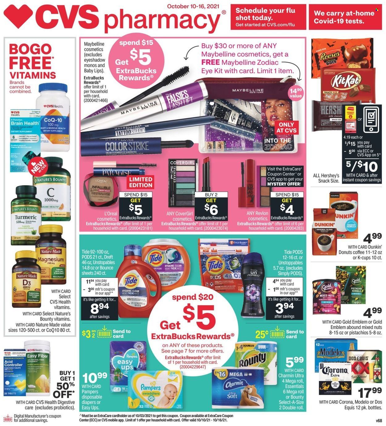 thumbnail - CVS Pharmacy Flyer - 10/10/2021 - 10/16/2021 - Sales products - Reese's, Hershey's, snack, pistachios, mixed nuts, coffee, coffee capsules, K-Cups, Dunkin' Donuts, Pampers, nappies, Charmin, Tide, Unstopables, Bounce, L’Oréal, Revlon, Maybelline, magnesium, Nature Made, Nature's Bounty, probiotics, vitamin D3, dietary supplement, beer, Corona Extra, Modelo, eyeshadow, Dos Equis. Page 1.