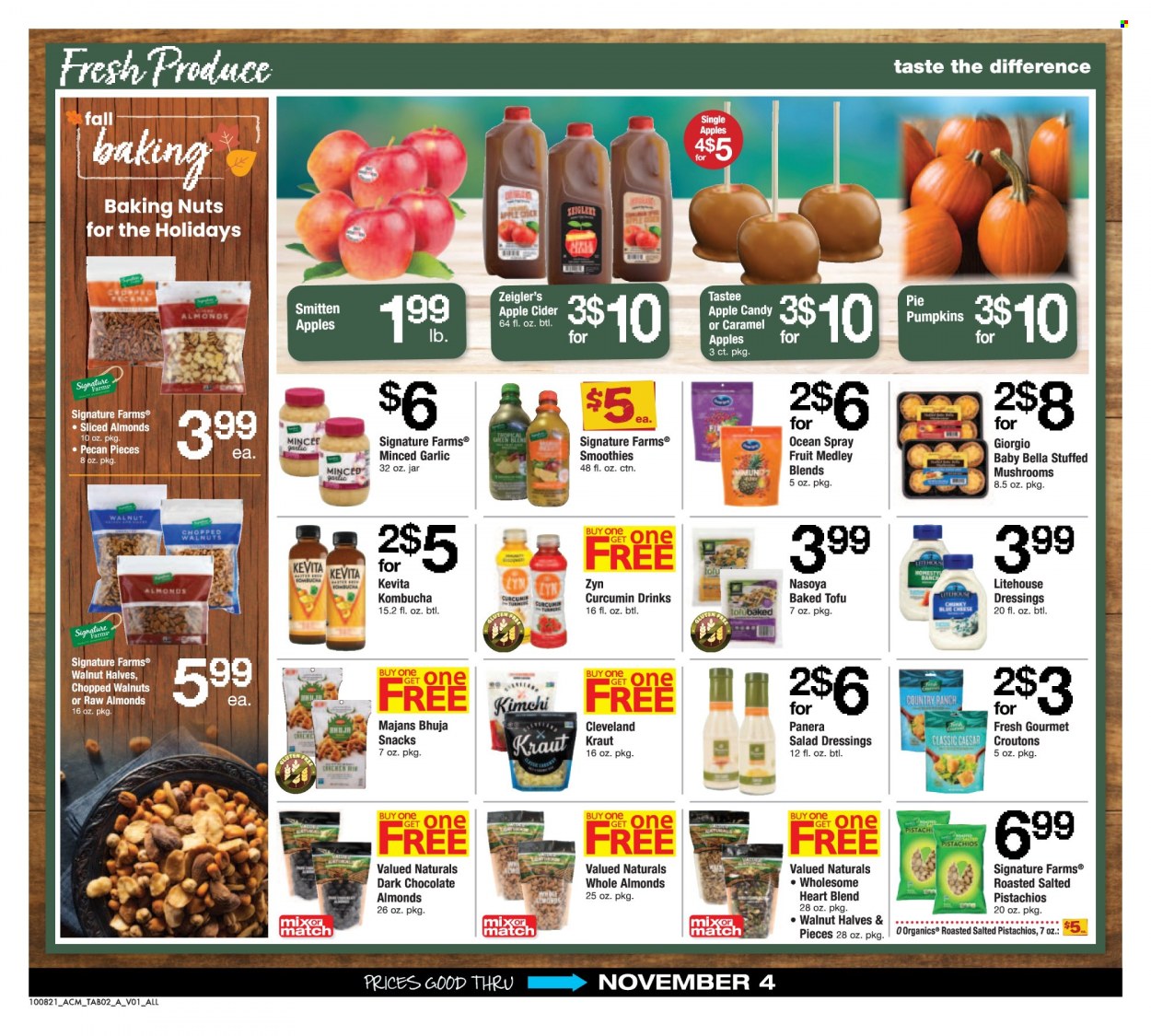 thumbnail - ACME Flyer - 10/08/2021 - 11/04/2021 - Sales products - pie, pumpkin, cheese, tofu, chocolate, snack, dark chocolate, croutons, salad dressing, pecans, pistachios, Valued Naturals, smoothie, kombucha, KeVita, apple cider, cider. Page 2.